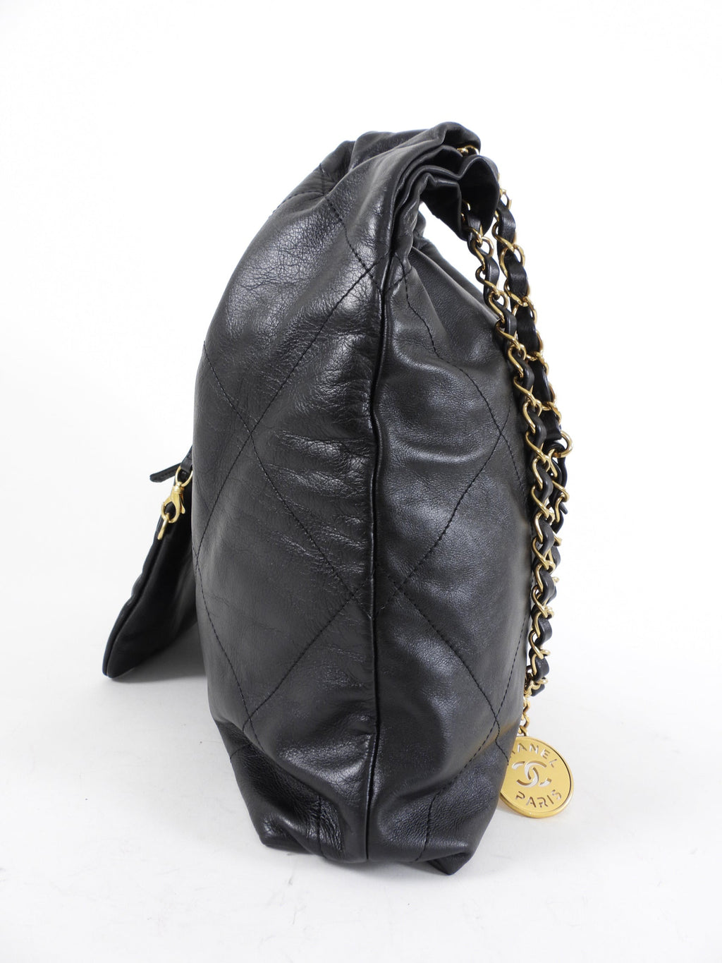 Chanel 22 Black Glossed Leather Large Chain Bag