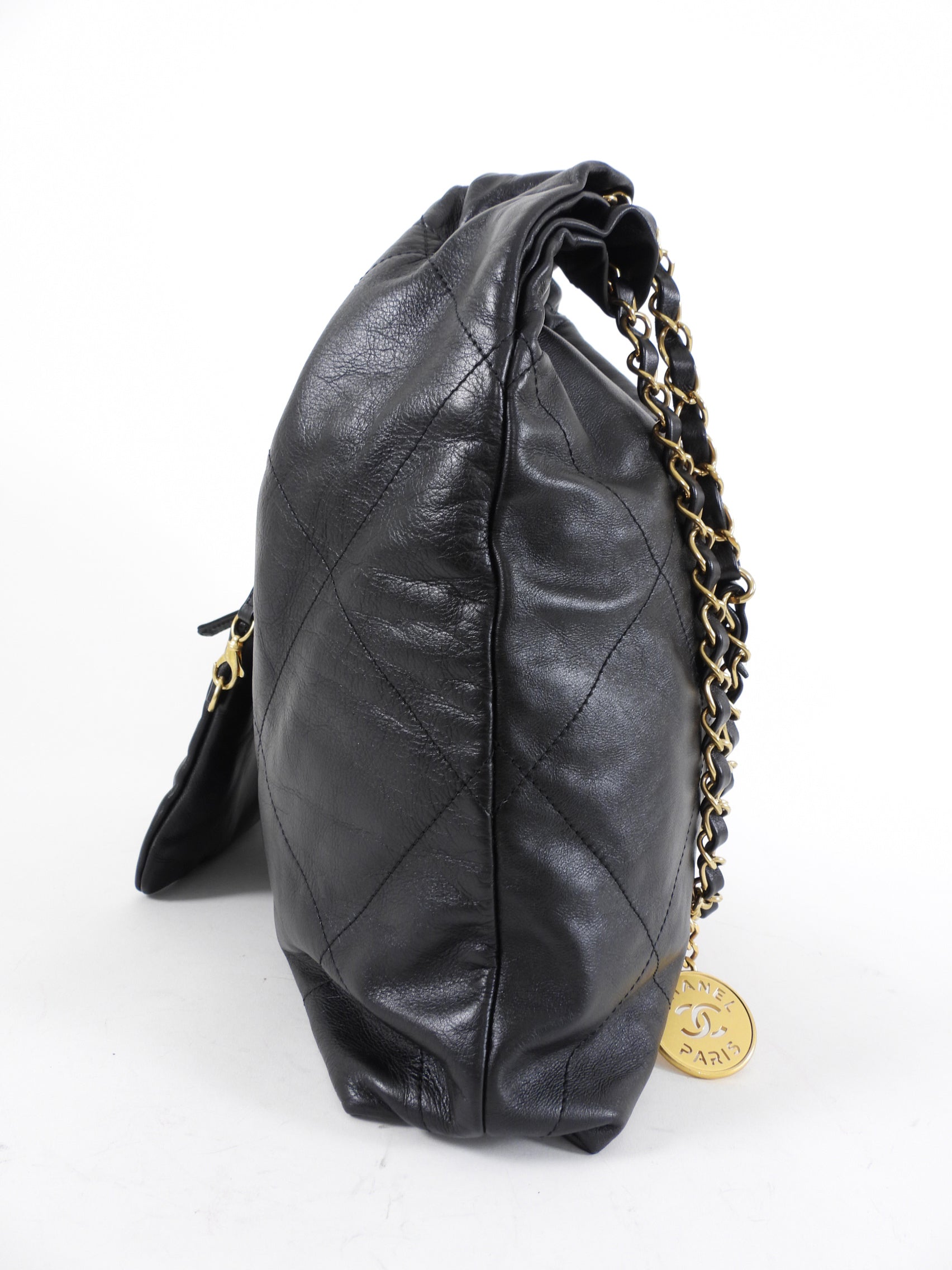 Chanel 22 Black Glossed Leather Large Chain Bag