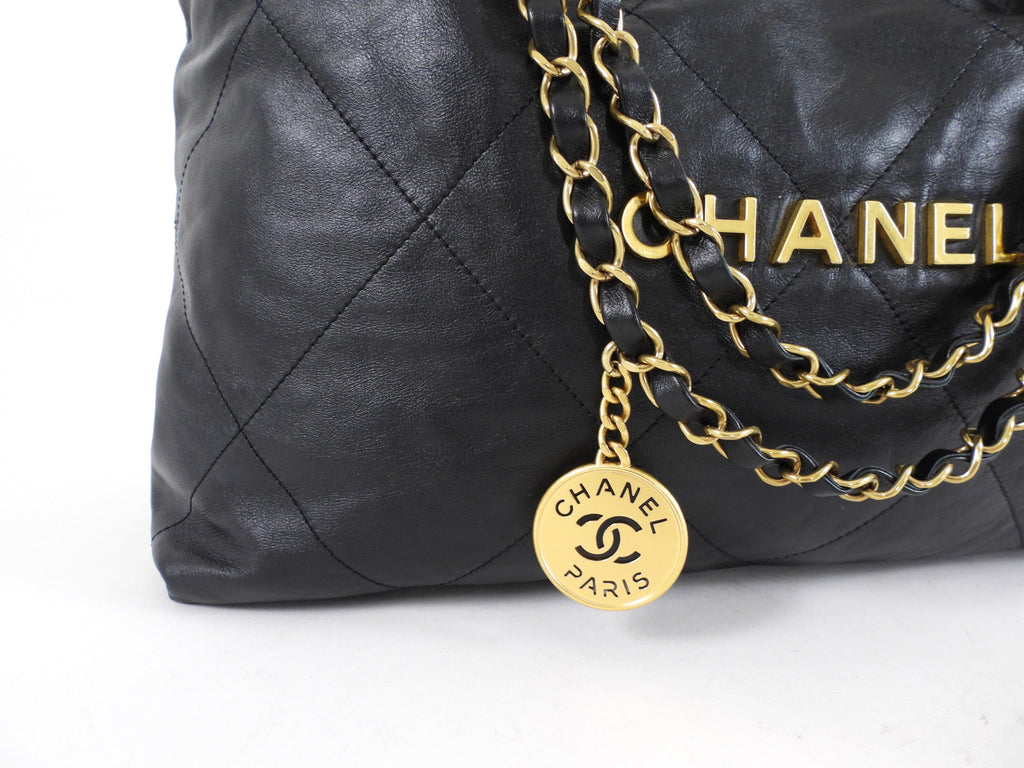 Chanel 22 Black Glossed Leather Large Chain Bag
