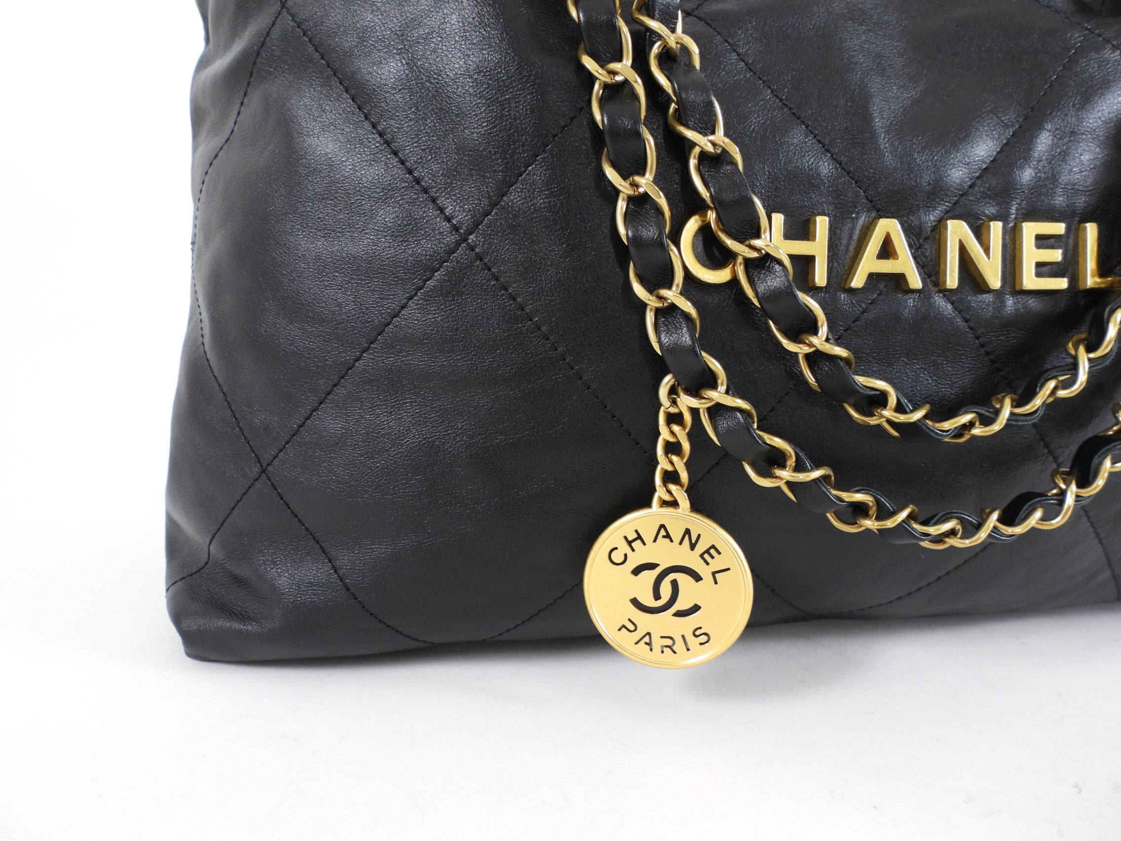 Chanel 22 Black Glossed Leather Large Chain Bag