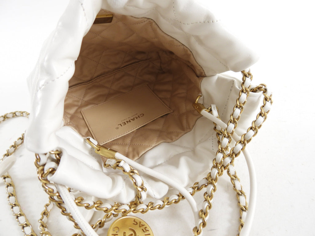 Chanel 22 White Glossed Leather Logo Mini Chain Bag