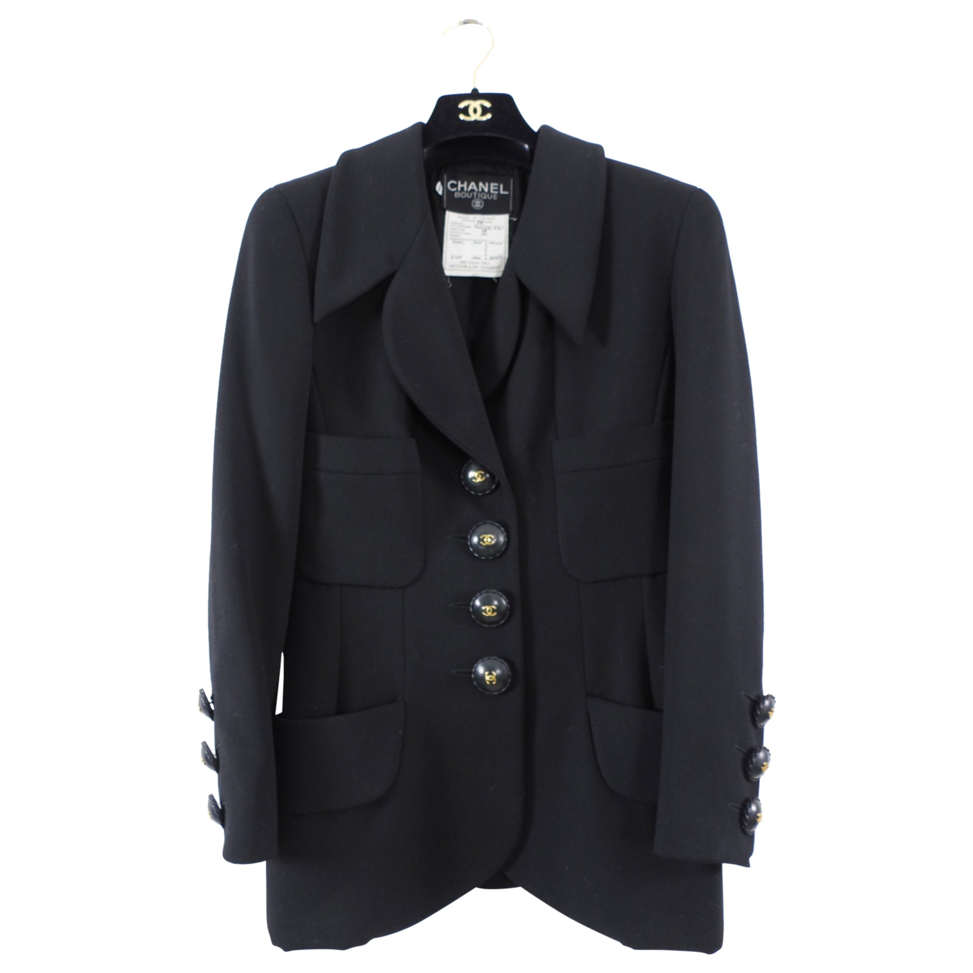 Chanel Vintage 1980's Black Wool Blazer with Large CC Leather Buttons - FR38 / S