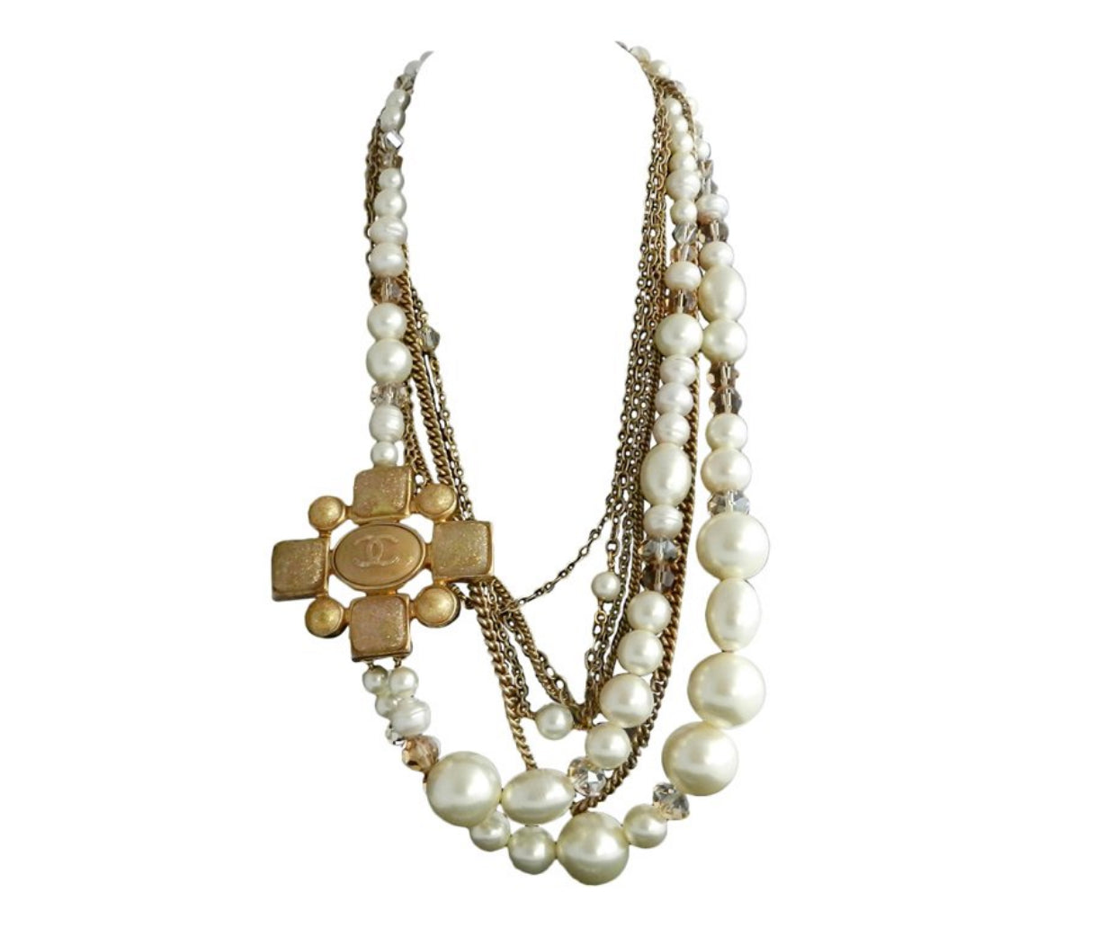 Chanel 2007 Fall Multi-strand Pearl and Gold Chain Gripoix Necklace