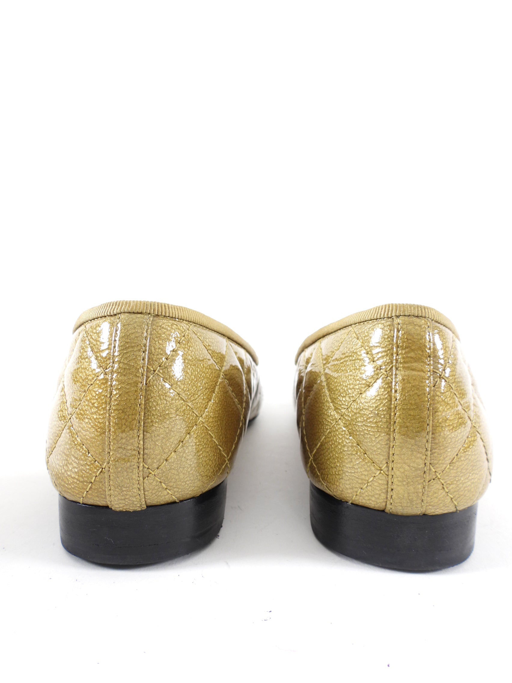 Chanel Gold and Black Cap Toe Patent Quilted Ballet Flats - 40C