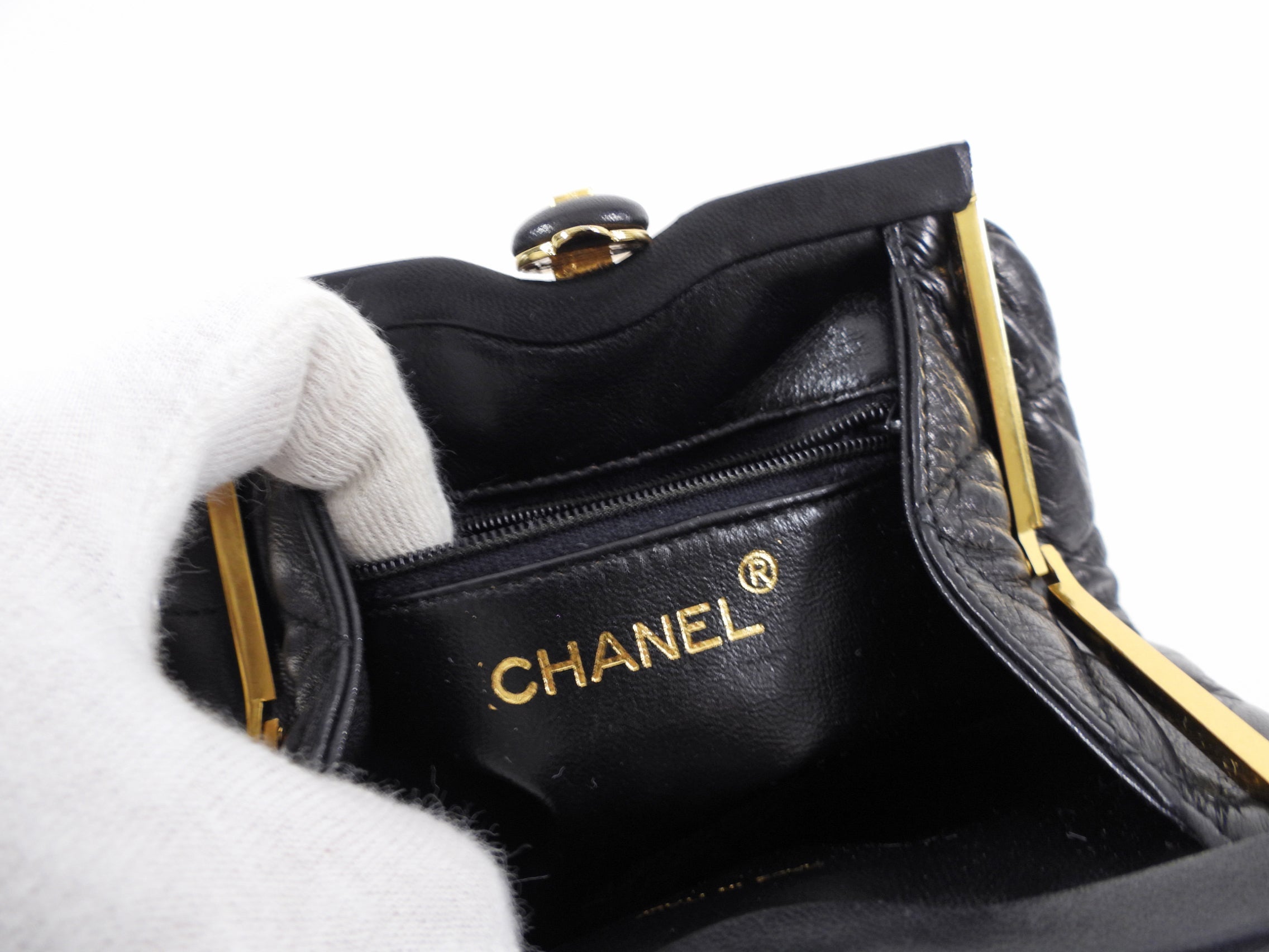 Chanel Vintage 1989 Black Lambskin Quilted Chain Belt Bag