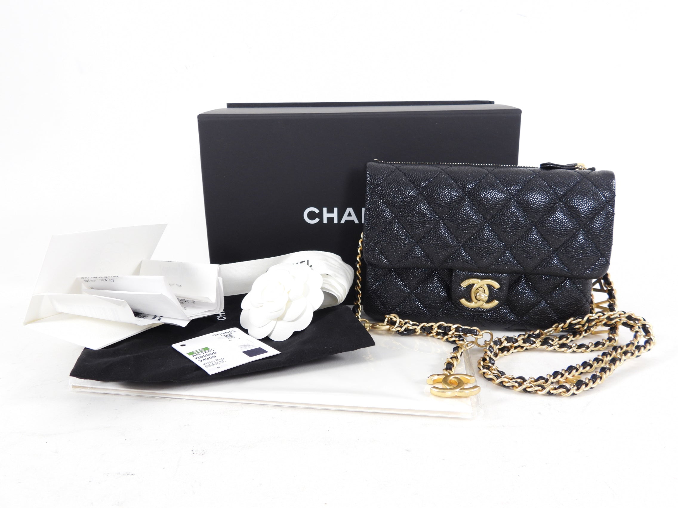 Chanel 22S Black Caviar Gold Logo Chain Belt Bag