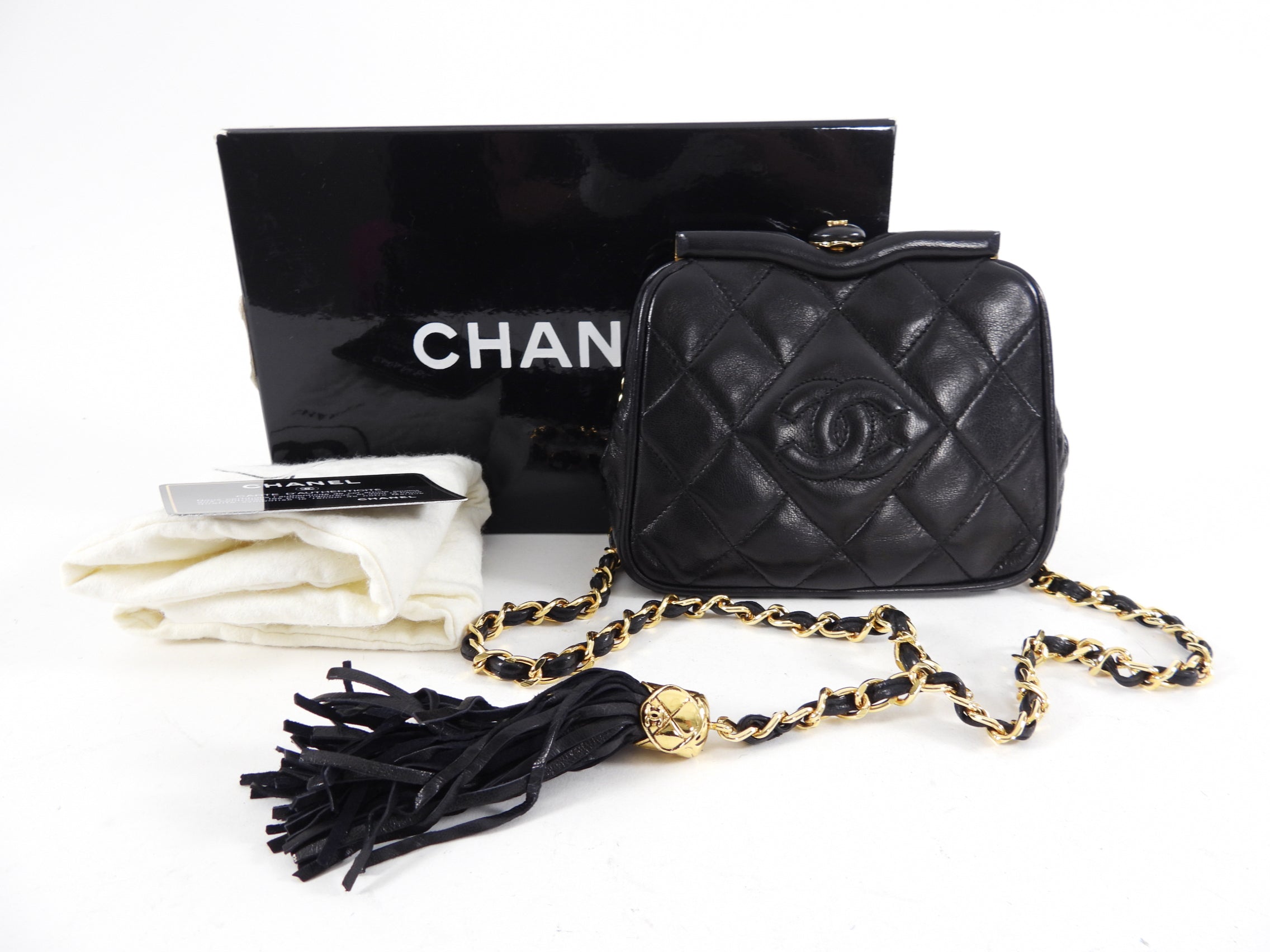 Chanel Vintage 1989 Black Lambskin Quilted Chain Belt Bag