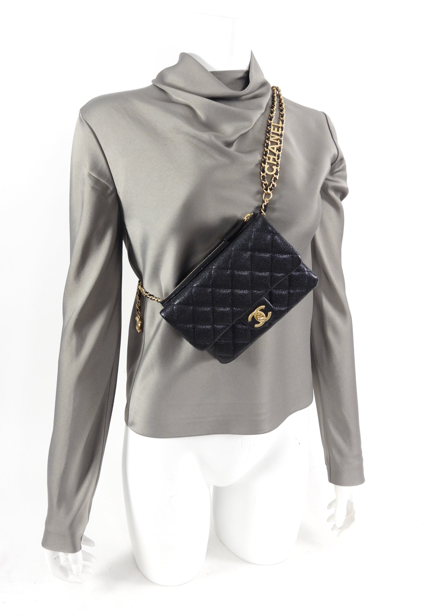 Chanel 22S Black Caviar Gold Logo Chain Belt Bag