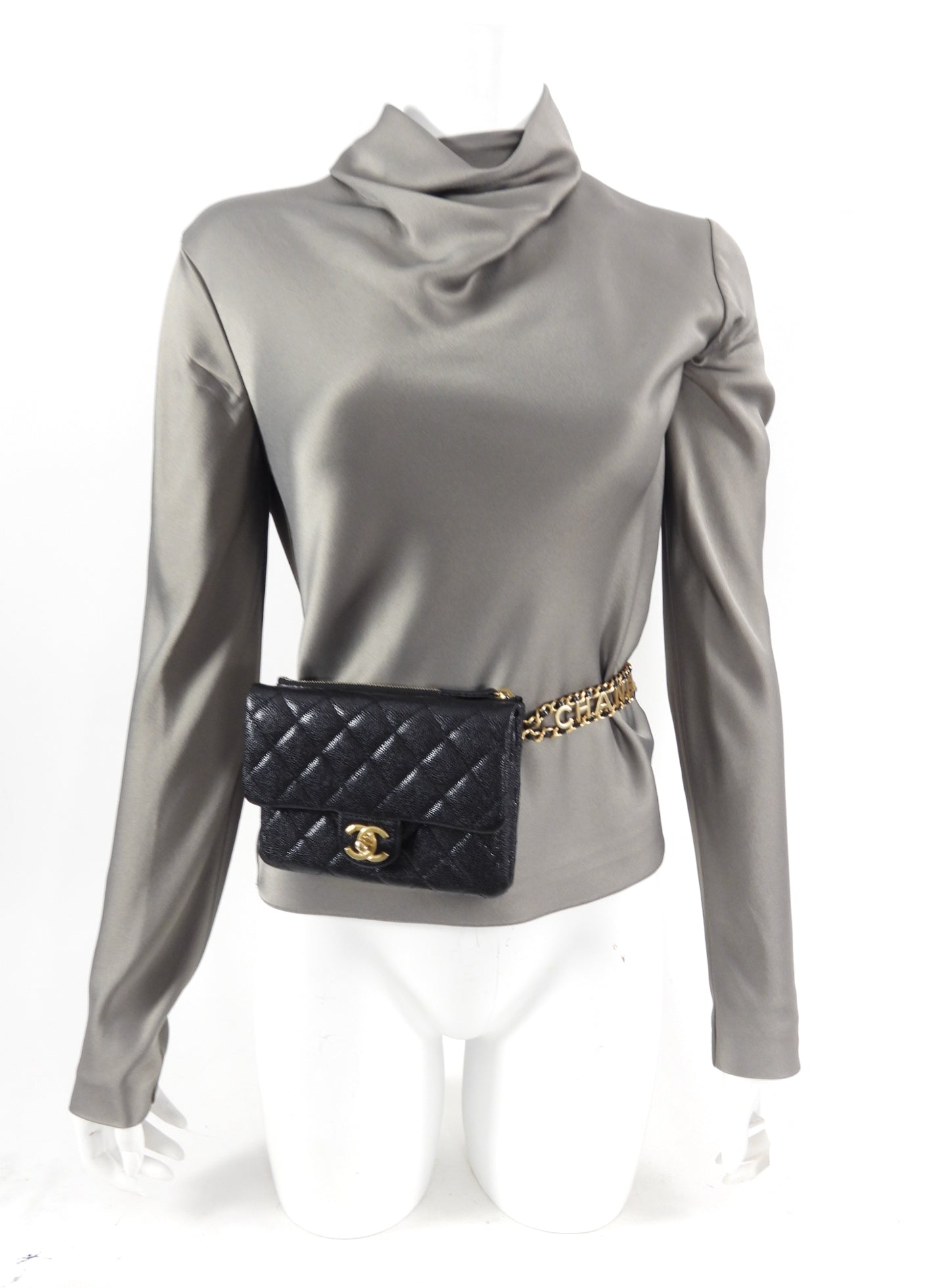 Chanel 22S Black Caviar Gold Logo Chain Belt Bag