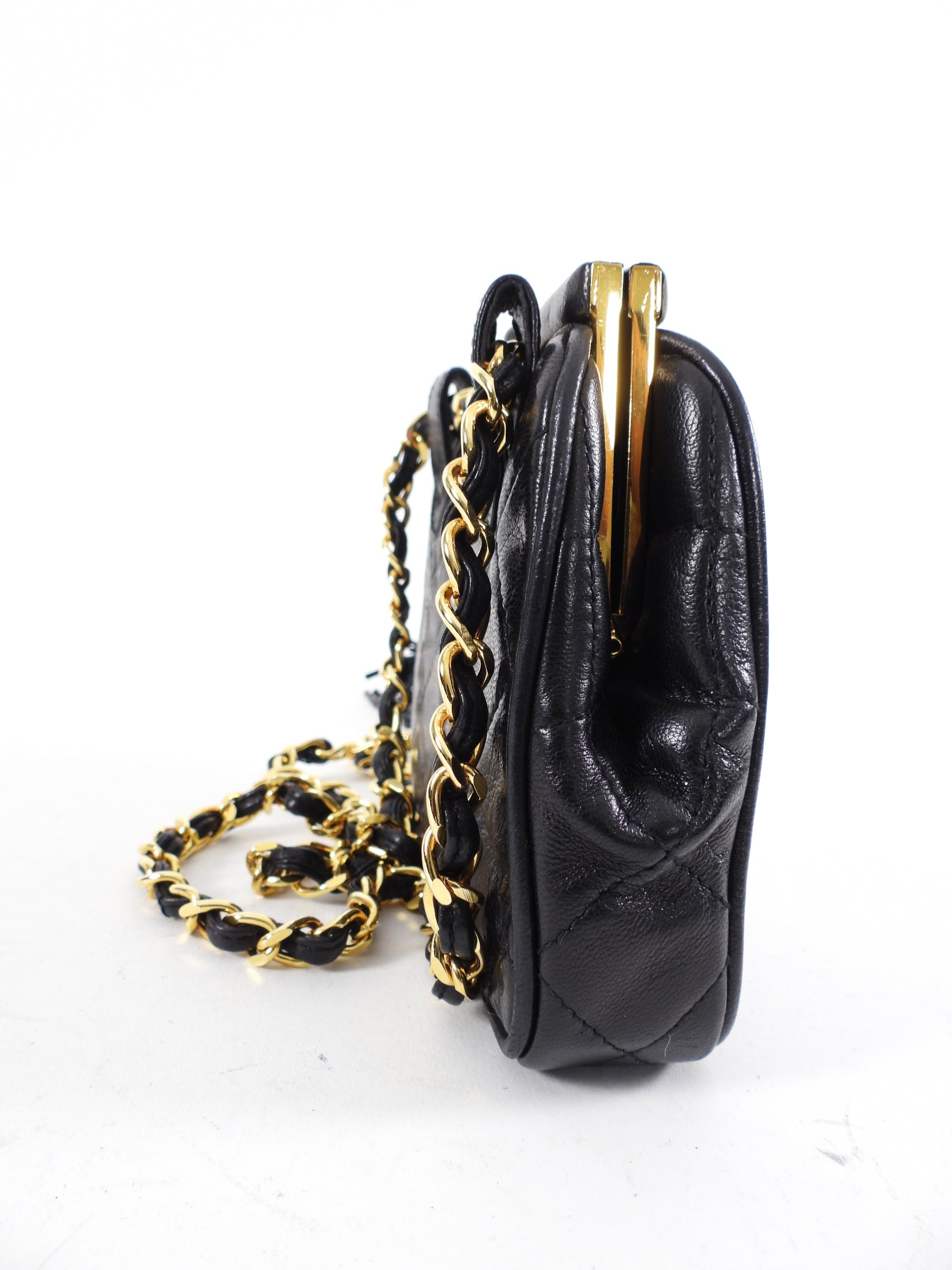 Chanel Vintage 1989 Black Lambskin Quilted Chain Belt Bag