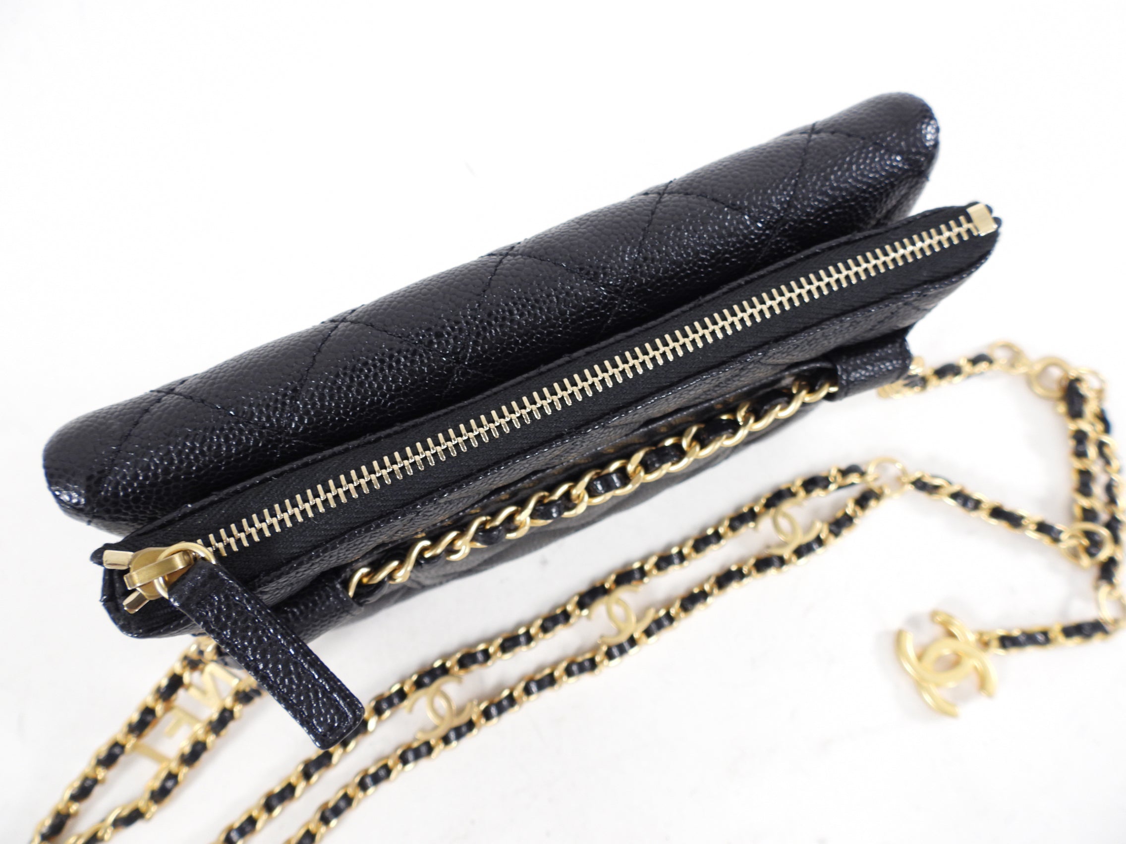 Chanel 22S Black Caviar Gold Logo Chain Belt Bag