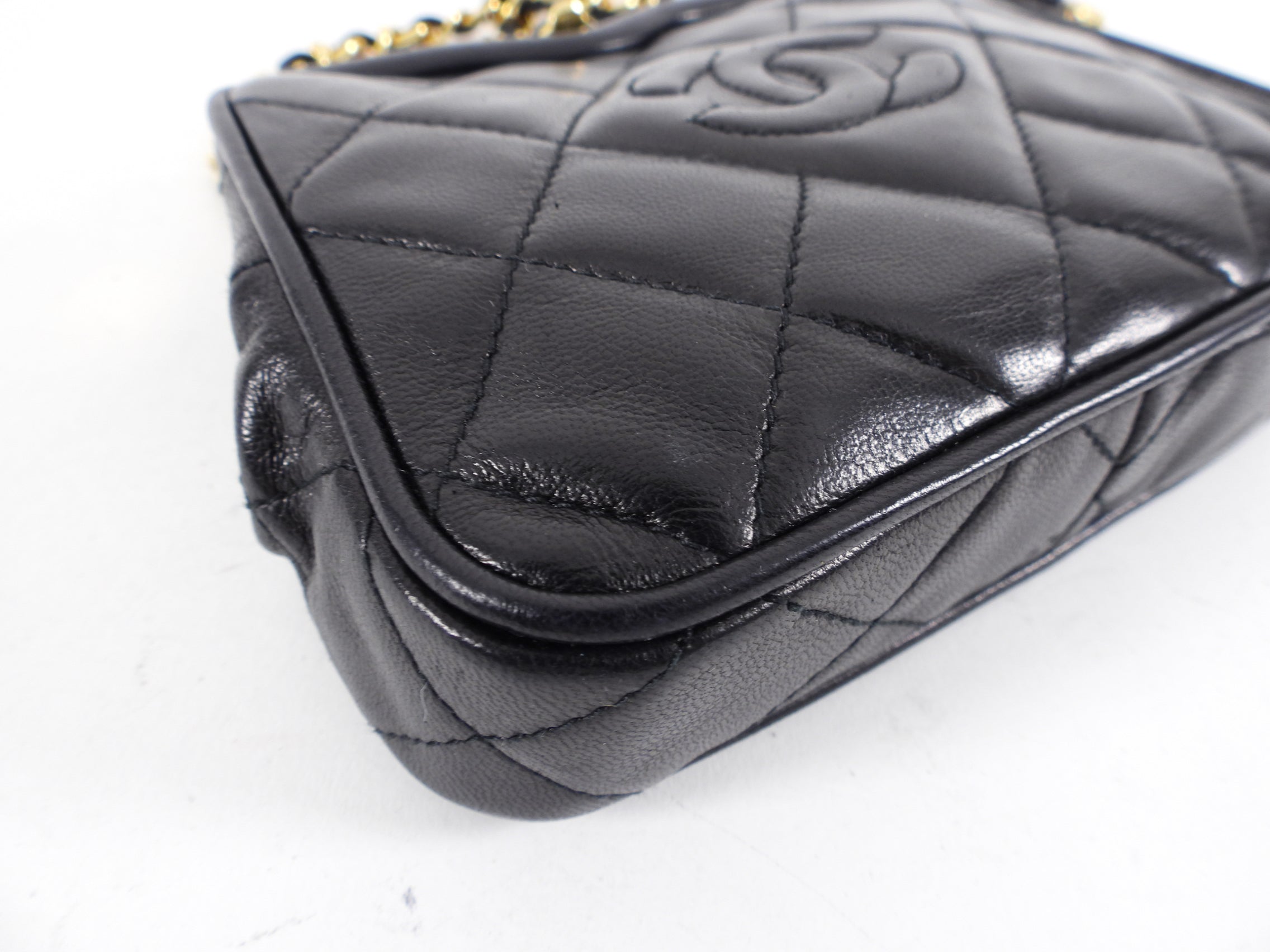 Chanel Vintage 1989 Black Lambskin Quilted Chain Belt Bag
