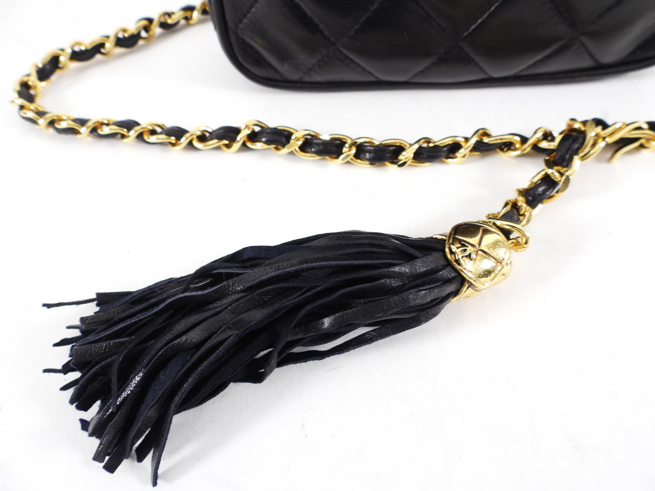 Chanel Vintage 1989 Black Lambskin Quilted Chain Belt Bag