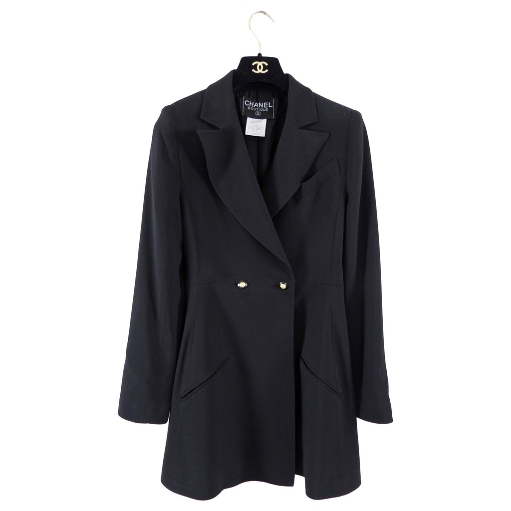 Chanel 98P Black Wool Fitted Long Blazer with Gold CC Buttons - FR36 / 4
