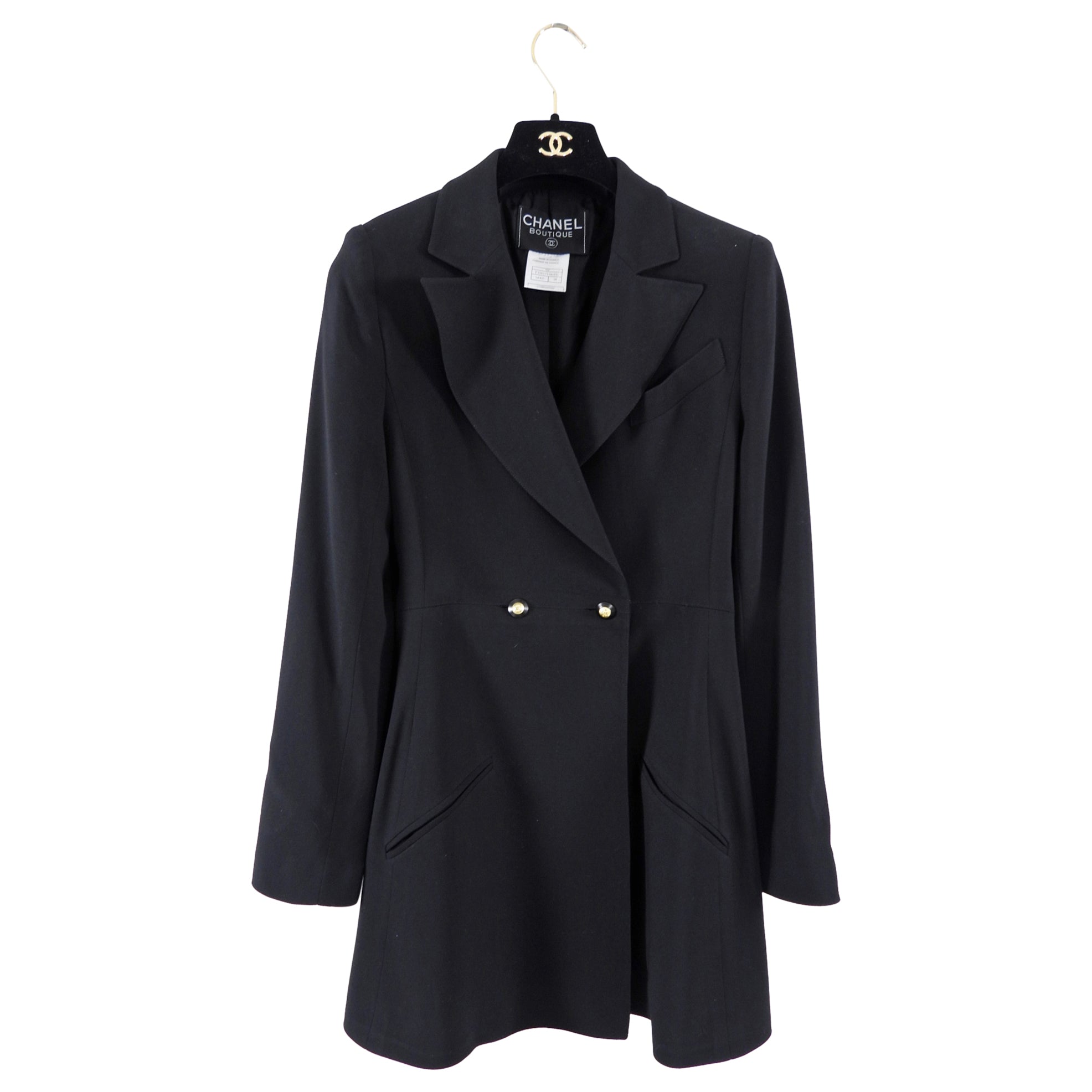 Chanel 98P Black Wool Fitted Long Blazer with Gold CC Buttons - FR36 / 4
