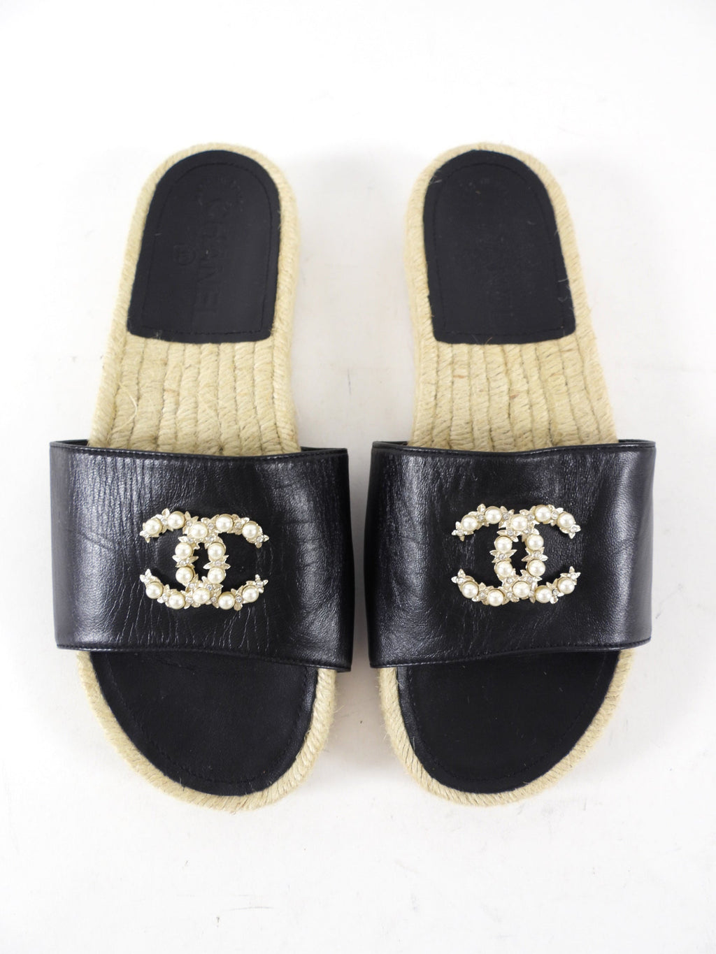 Chanel Black Leather CC Flat Espadrille Slides - 37 / 7
