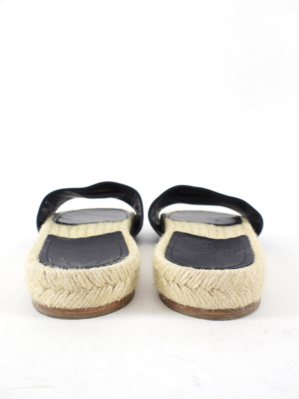 Chanel Black Leather CC Flat Espadrille Slides - 37 / 7