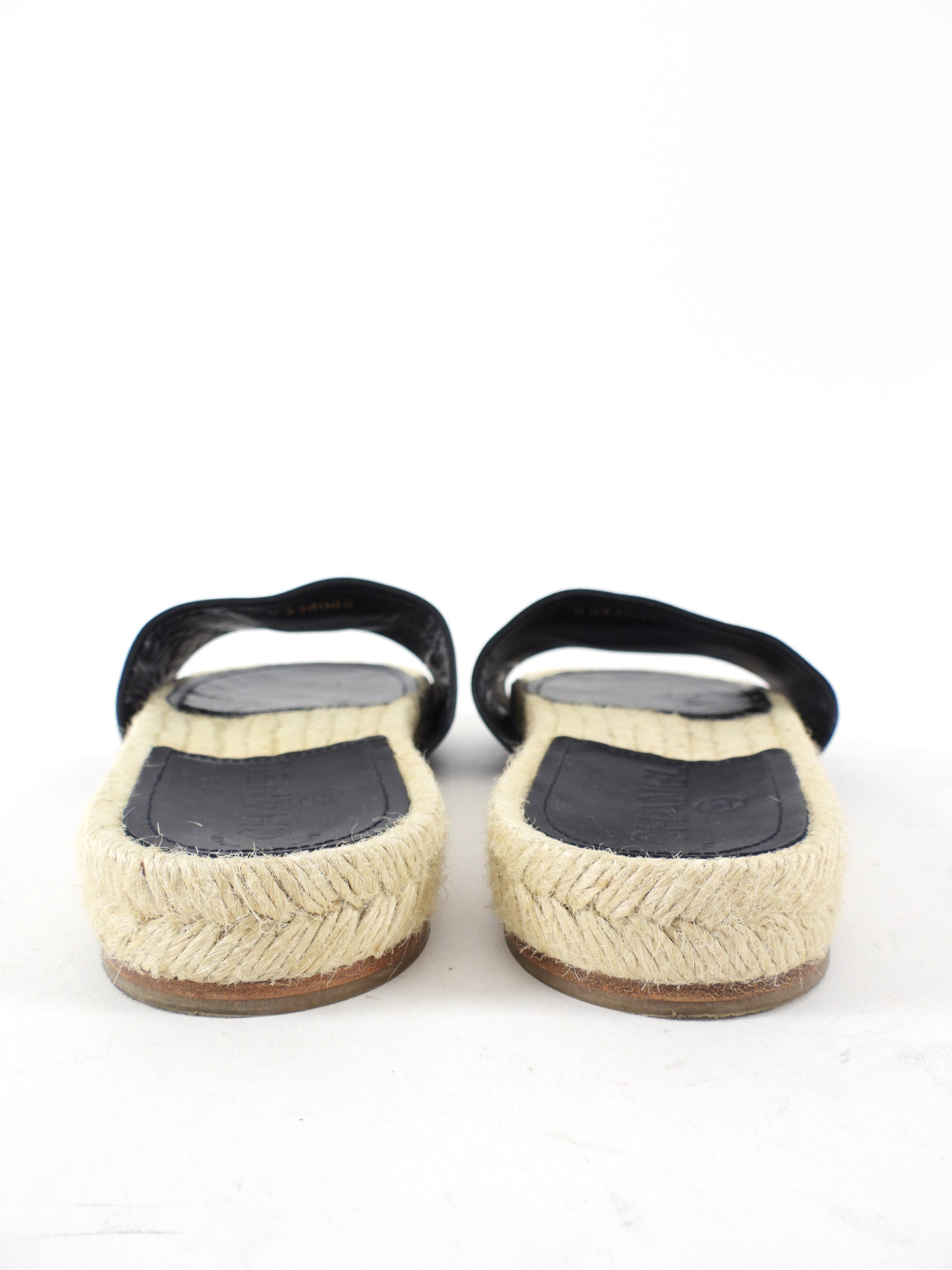 Chanel Black Leather CC Flat Espadrille Slides - 37 / 7