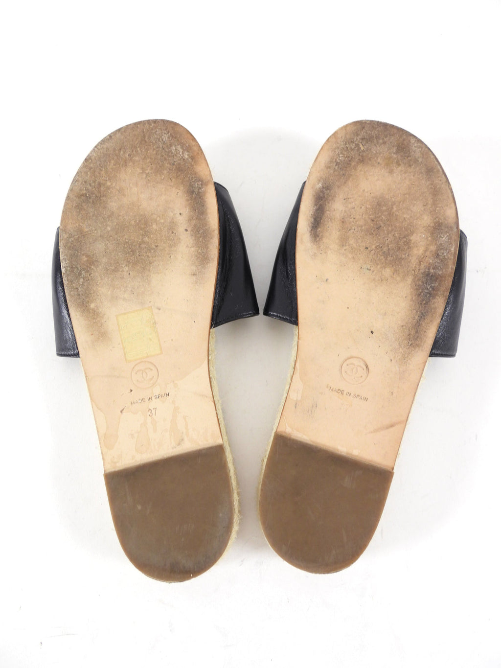 Chanel Black Leather CC Flat Espadrille Slides - 37 / 7