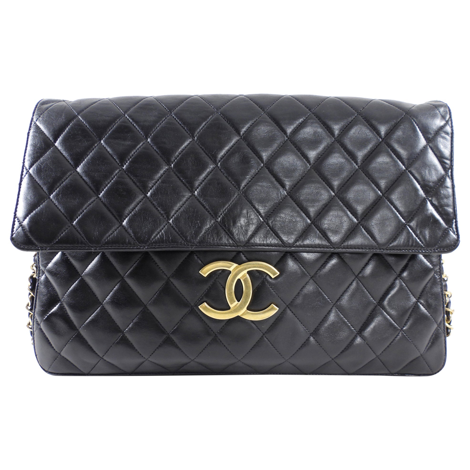 Chanel Vintage 1989 XXL CC Logo Quilted Chain Flap Clutch Bag