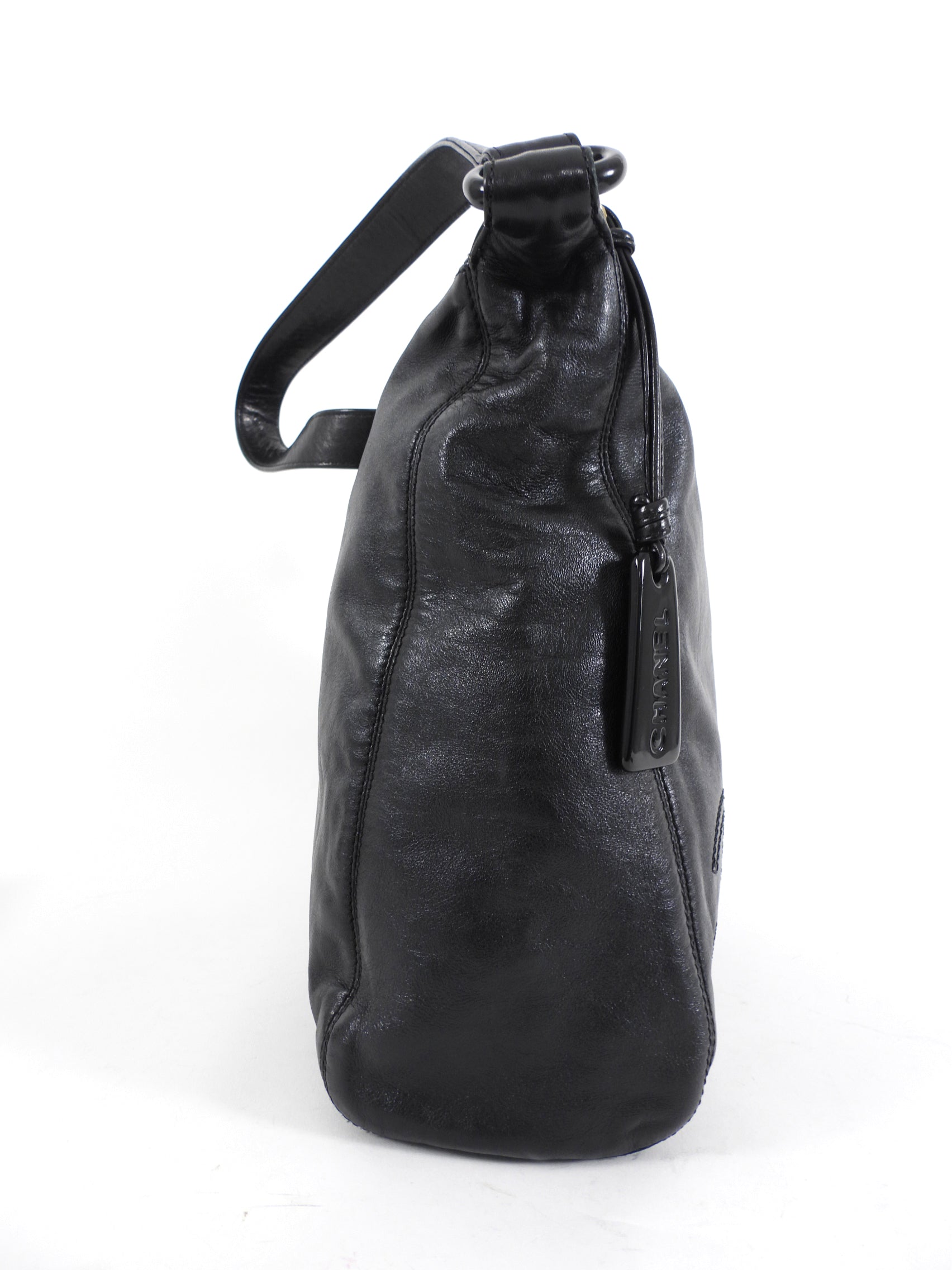 Chanel Vintage 1997 Black Leather CC Small Hobo Shoulder Bag