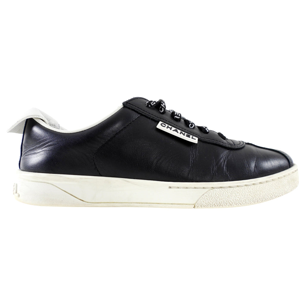Chanel Black Leather and White Logo Court Sneakers - 36