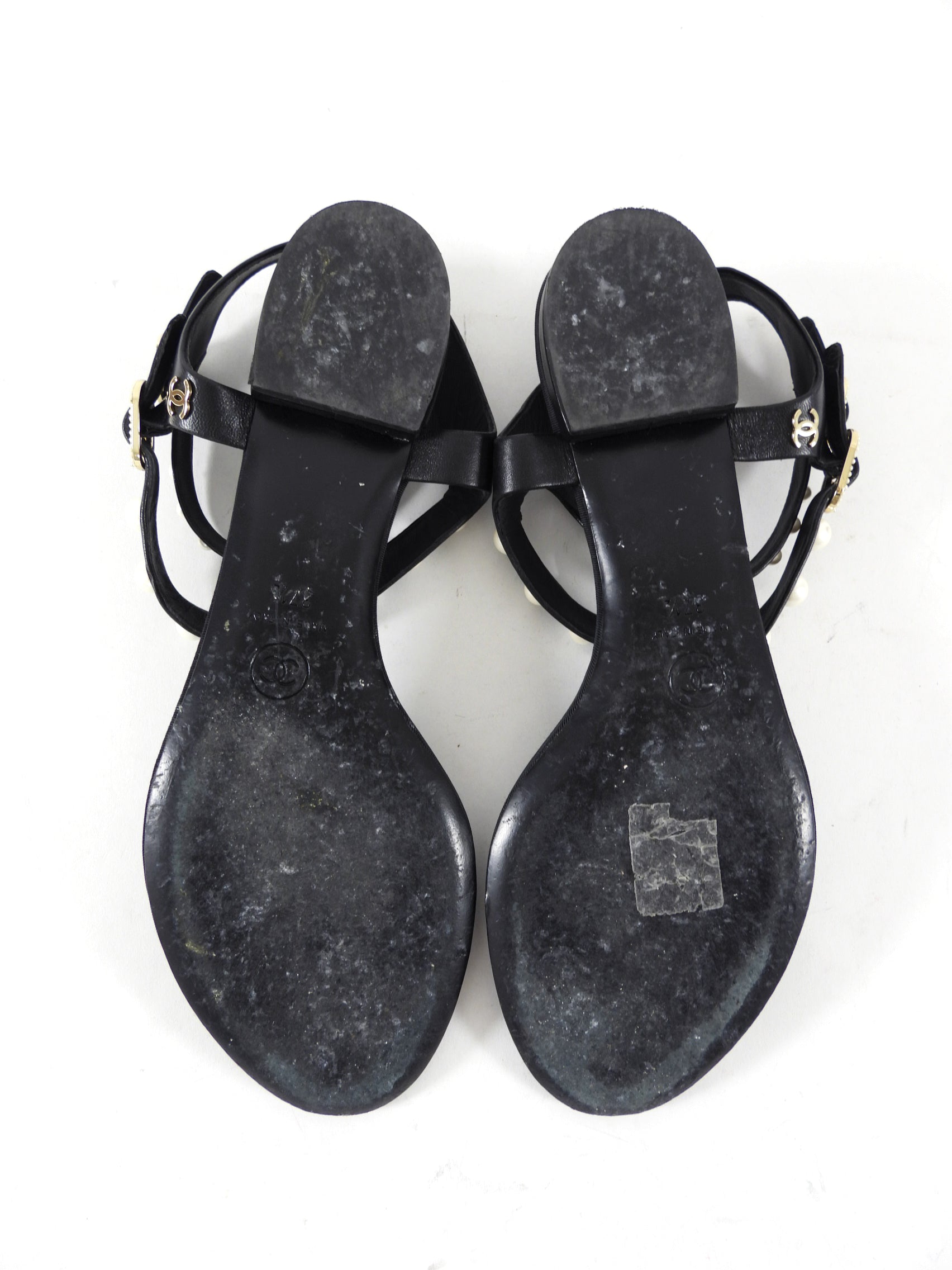 Chanel SS16 Black Grosgrain Faux Pearl Thong Flat Sandal - 37.5