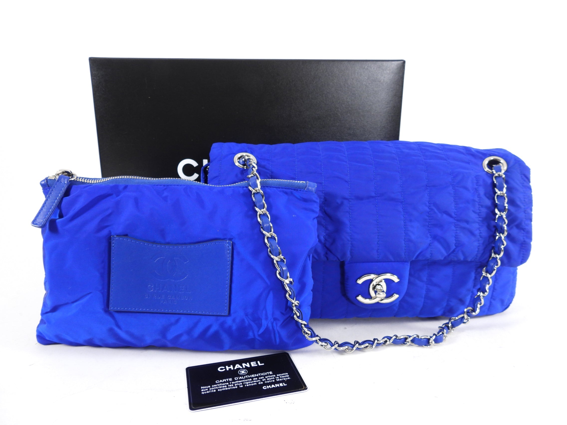 Chanel 12P Cobalt Blue Nylon Flap Bag and Pouch