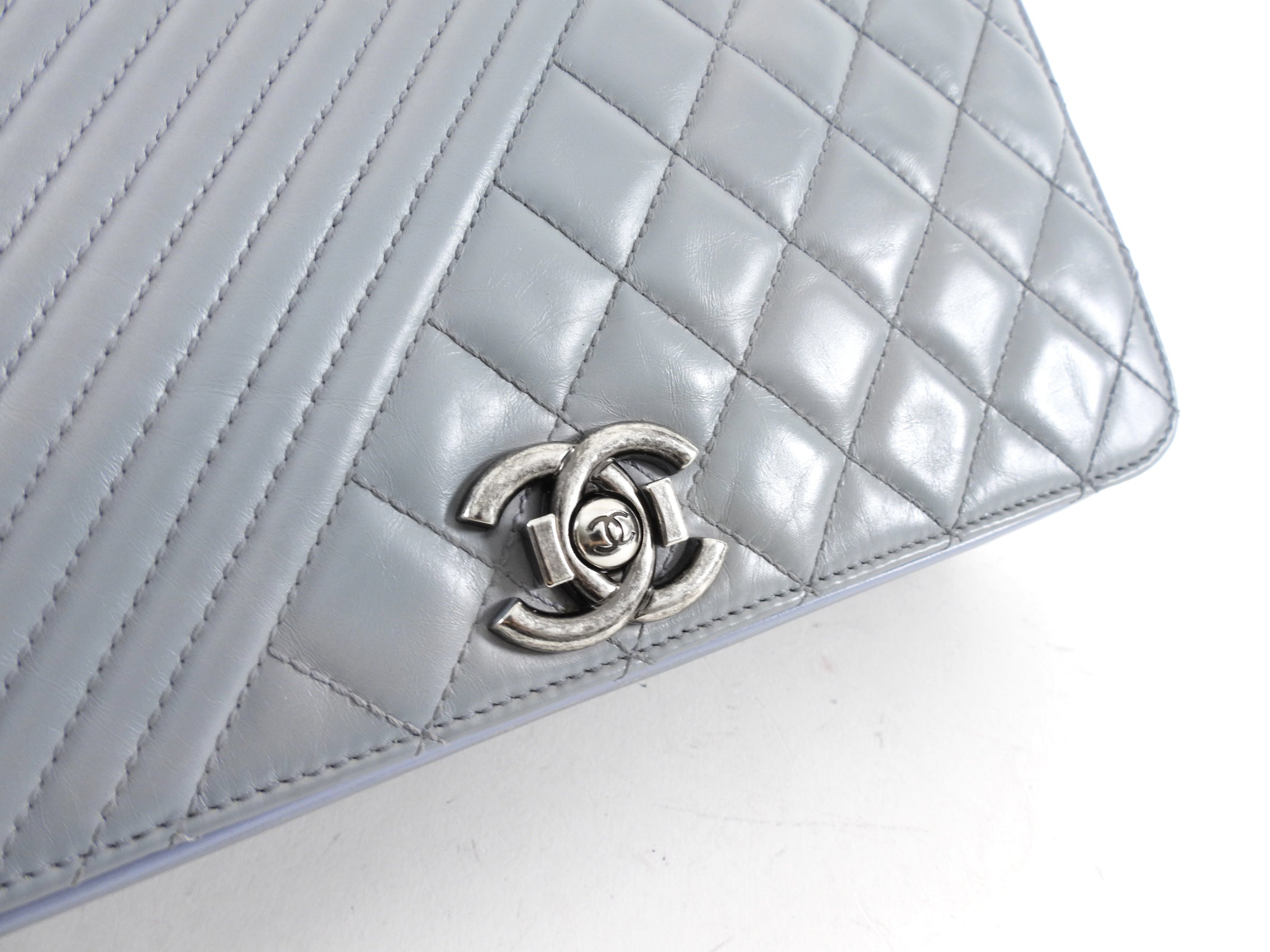 Chanel Grey Leather Coco Boy Medium Flap Bag