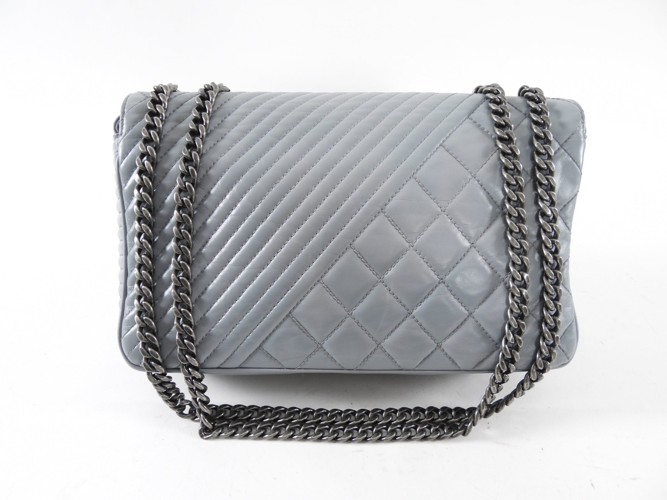 Chanel Grey Leather Coco Boy Medium Flap Bag