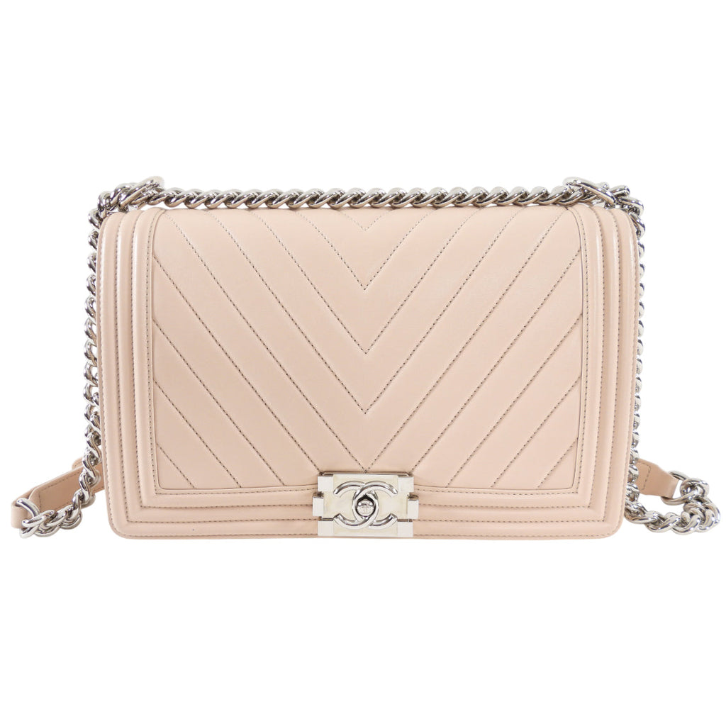 Chanel Nude Beige Chevron Quilted Leather Large Le Boy Bag