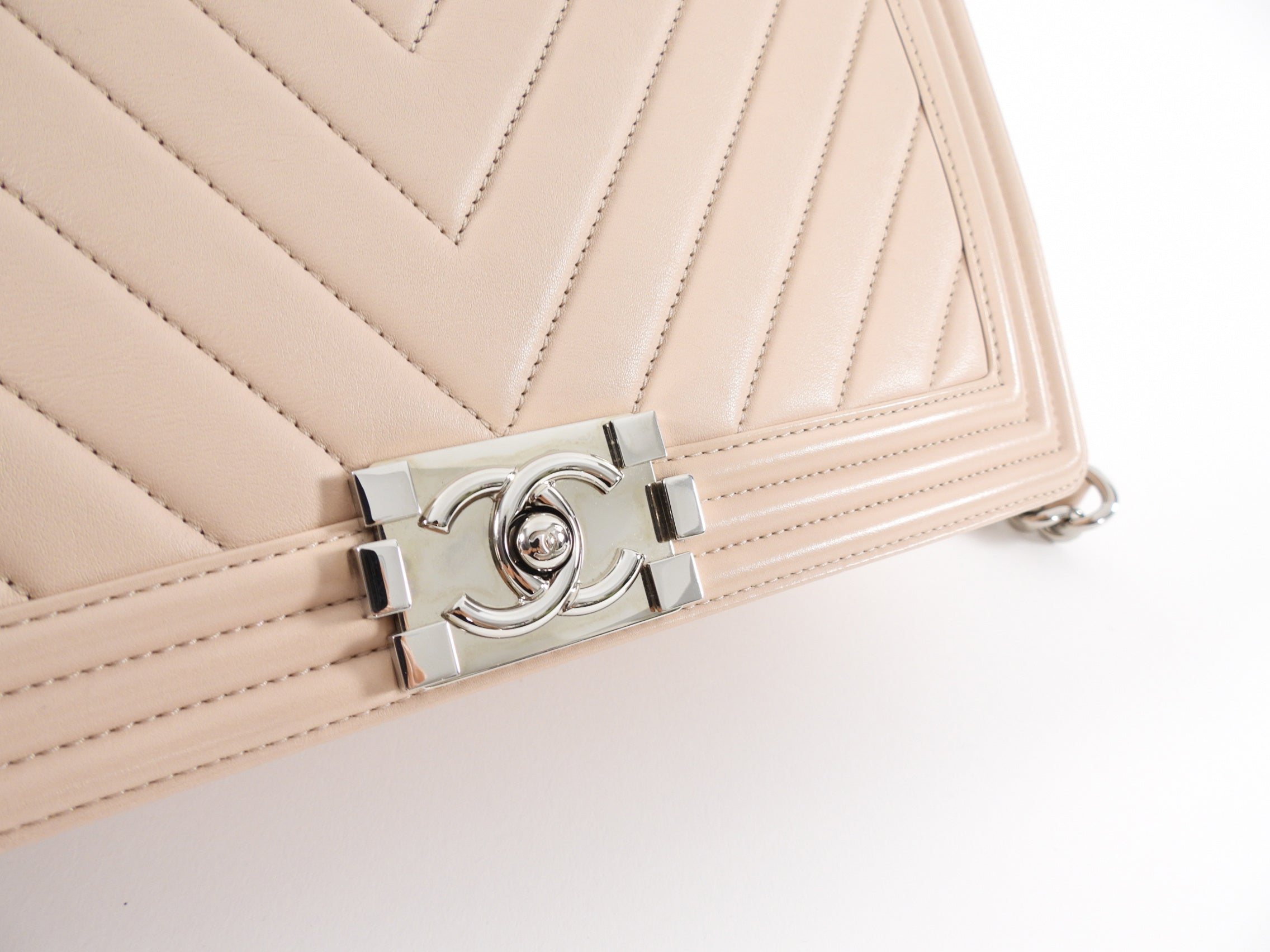 Chanel Nude Beige Chevron Quilted Leather Large Le Boy Bag