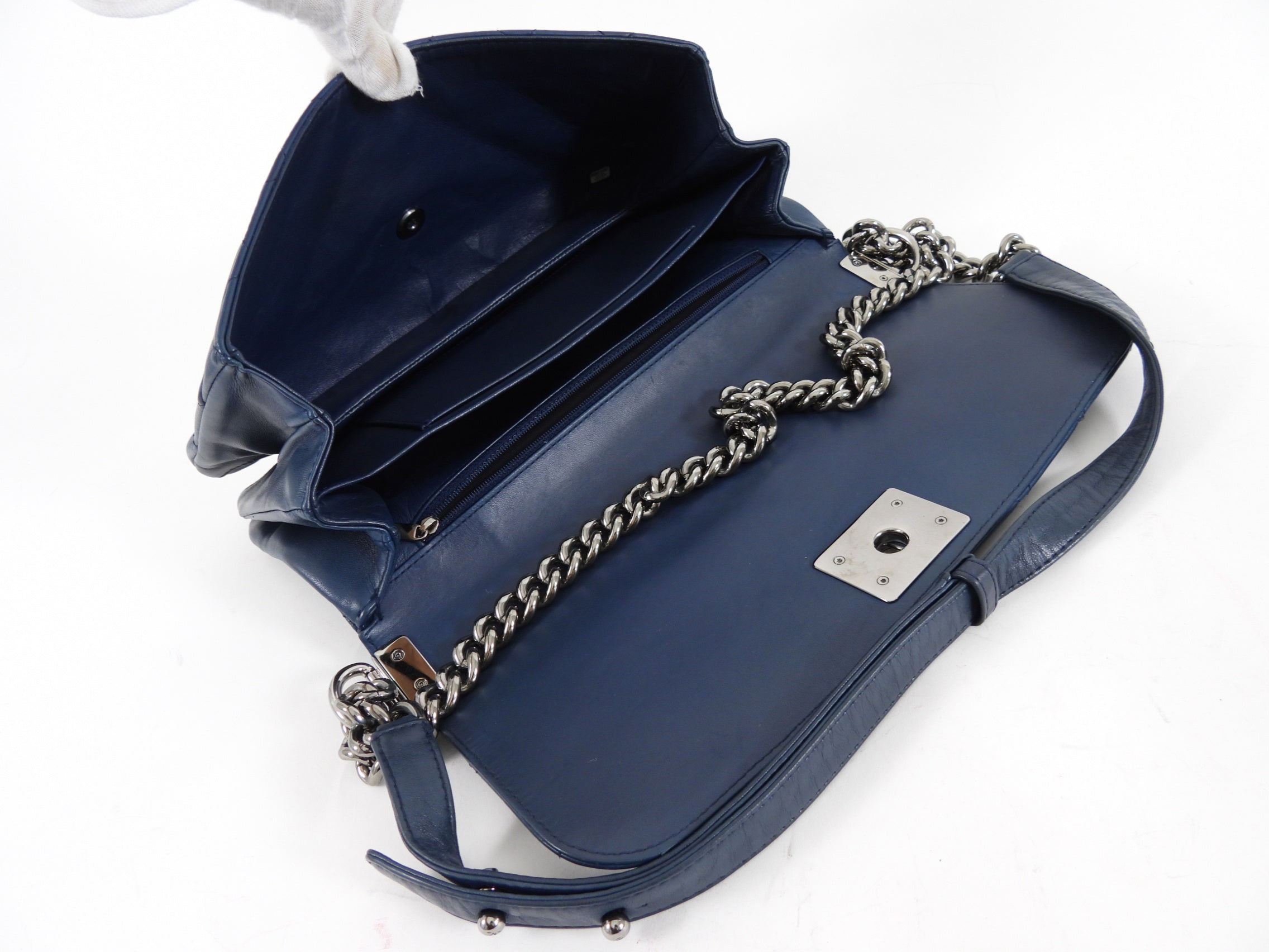 Chanel Navy Blue Quilted Leather Boy Clasp Flap Messenger Bag