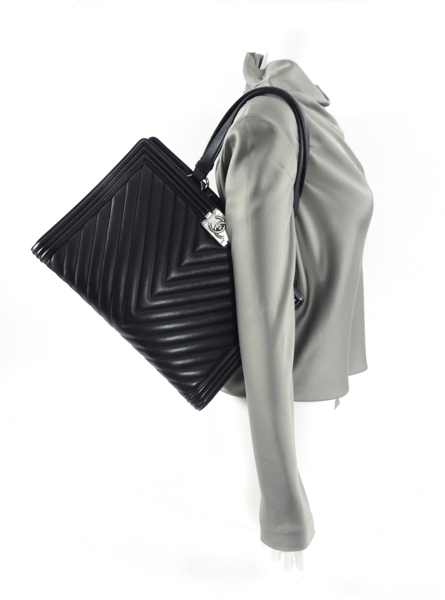 Chanel Black Classic Chevron Large Le Boy Tote Bag