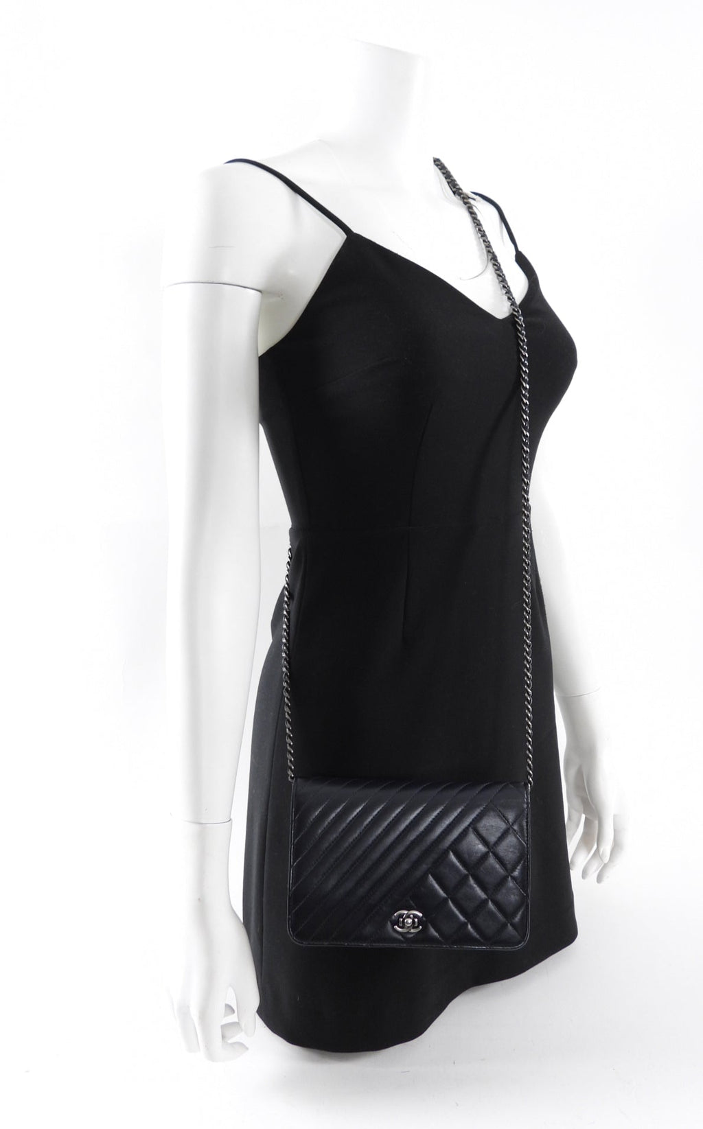 Chanel Coco Boy Black Leather Quilted Wallet on Chain