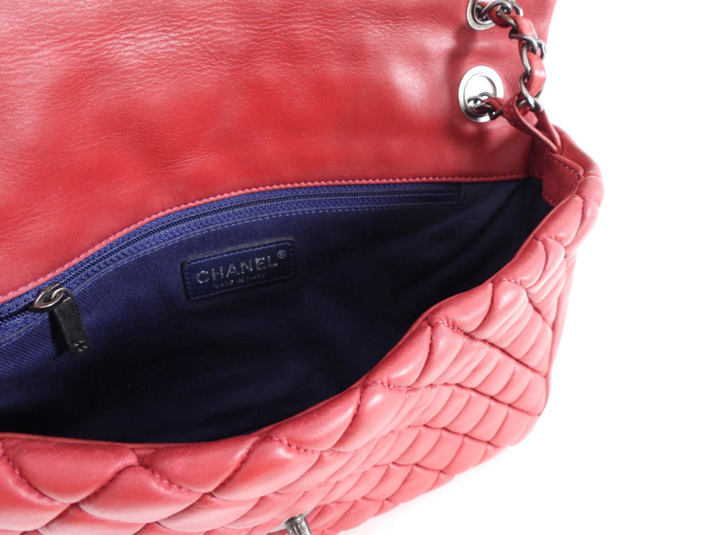 Chanel Red Calfskin Bubble Quilted Medium Single Flap Shoulder Bag