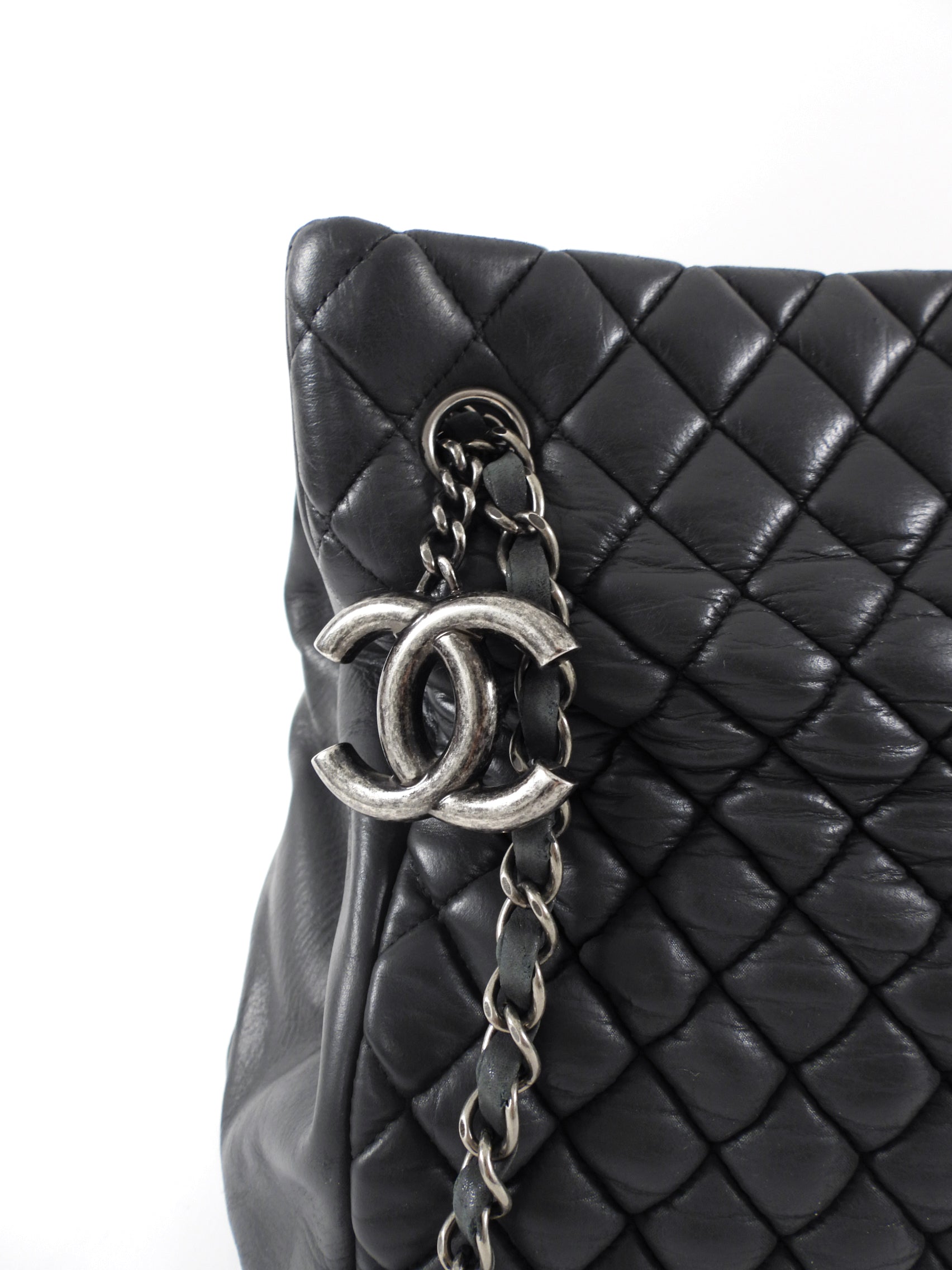 Chanel Black Leather New Bubble Quilt CC Charm Tote Bag