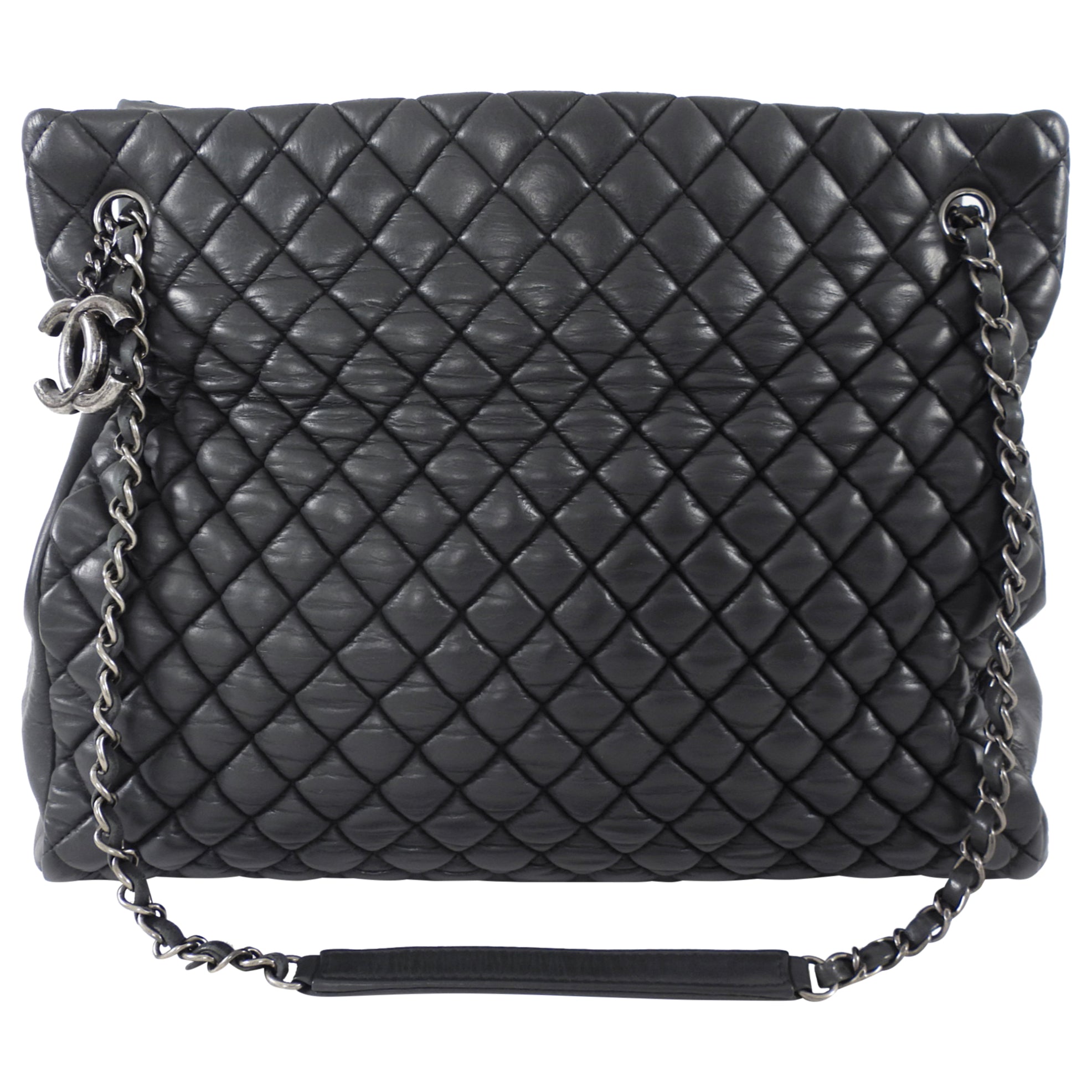 Chanel Black Leather New Bubble Quilt CC Charm Tote Bag