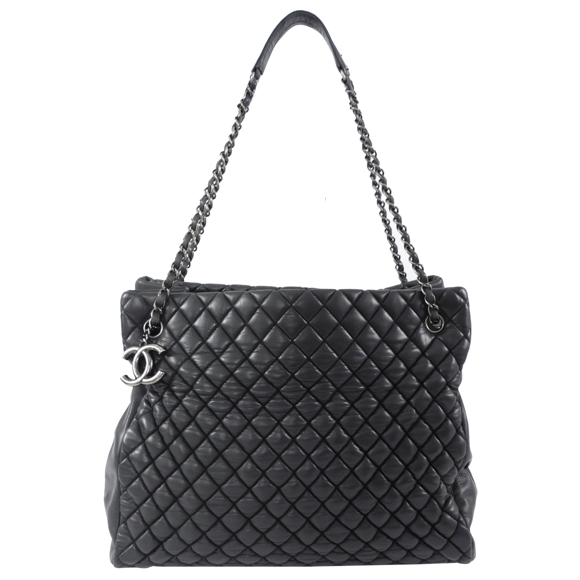 Chanel Black Leather New Bubble Quilt CC Charm Tote Bag