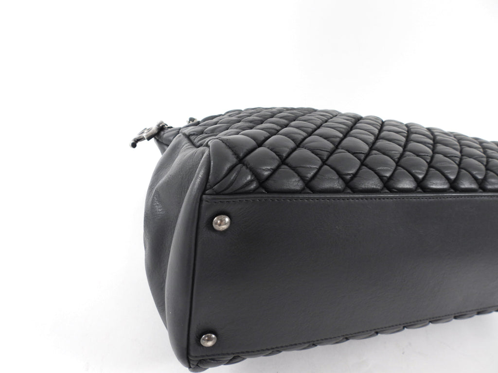 Chanel Black Leather New Bubble Quilt CC Charm Tote Bag