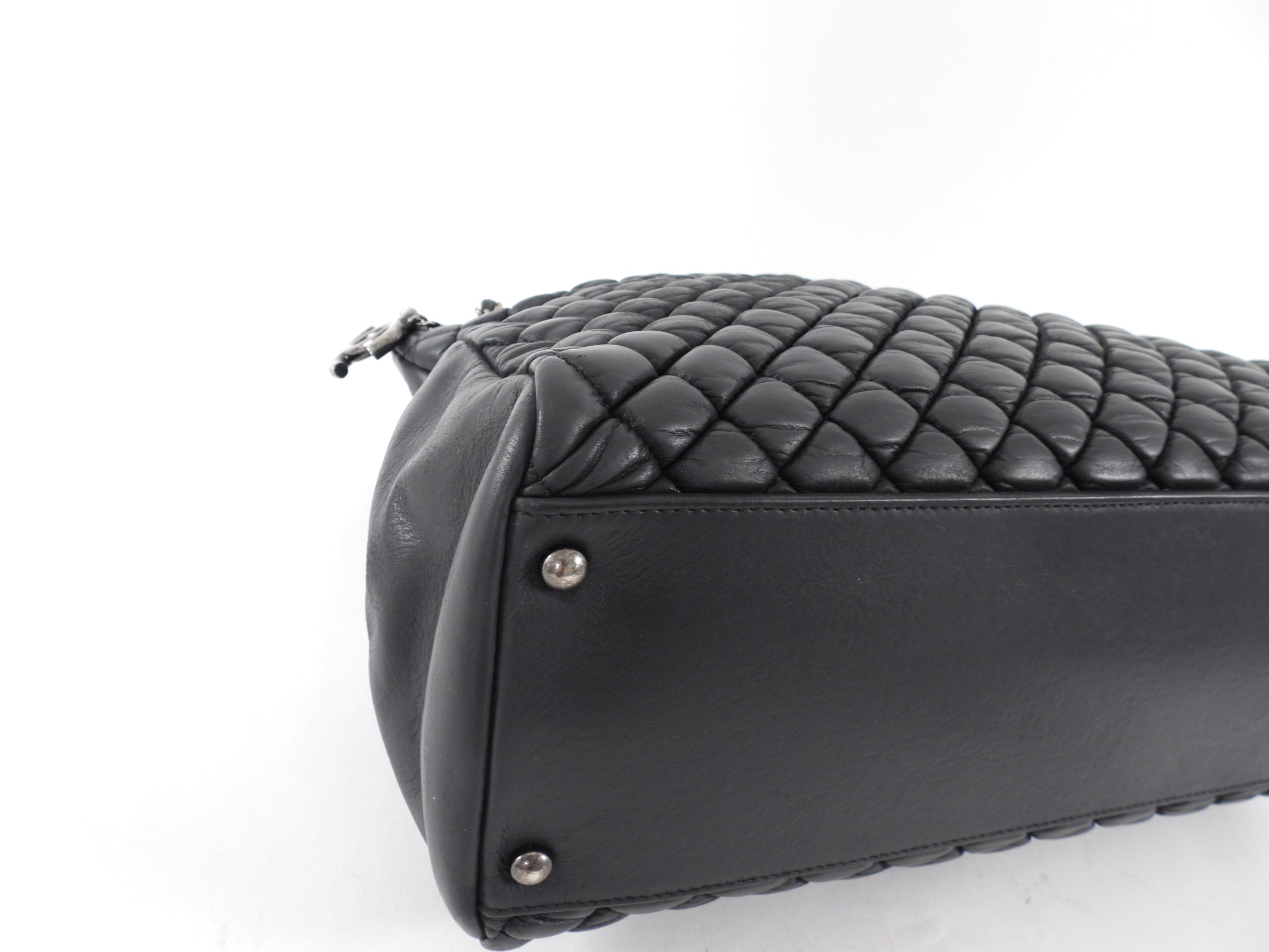 Chanel Black Leather New Bubble Quilt CC Charm Tote Bag