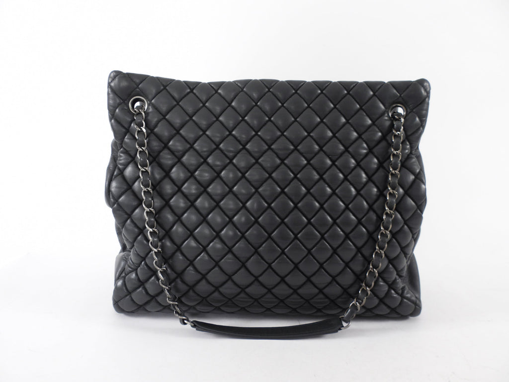 Chanel Black Leather New Bubble Quilt CC Charm Tote Bag