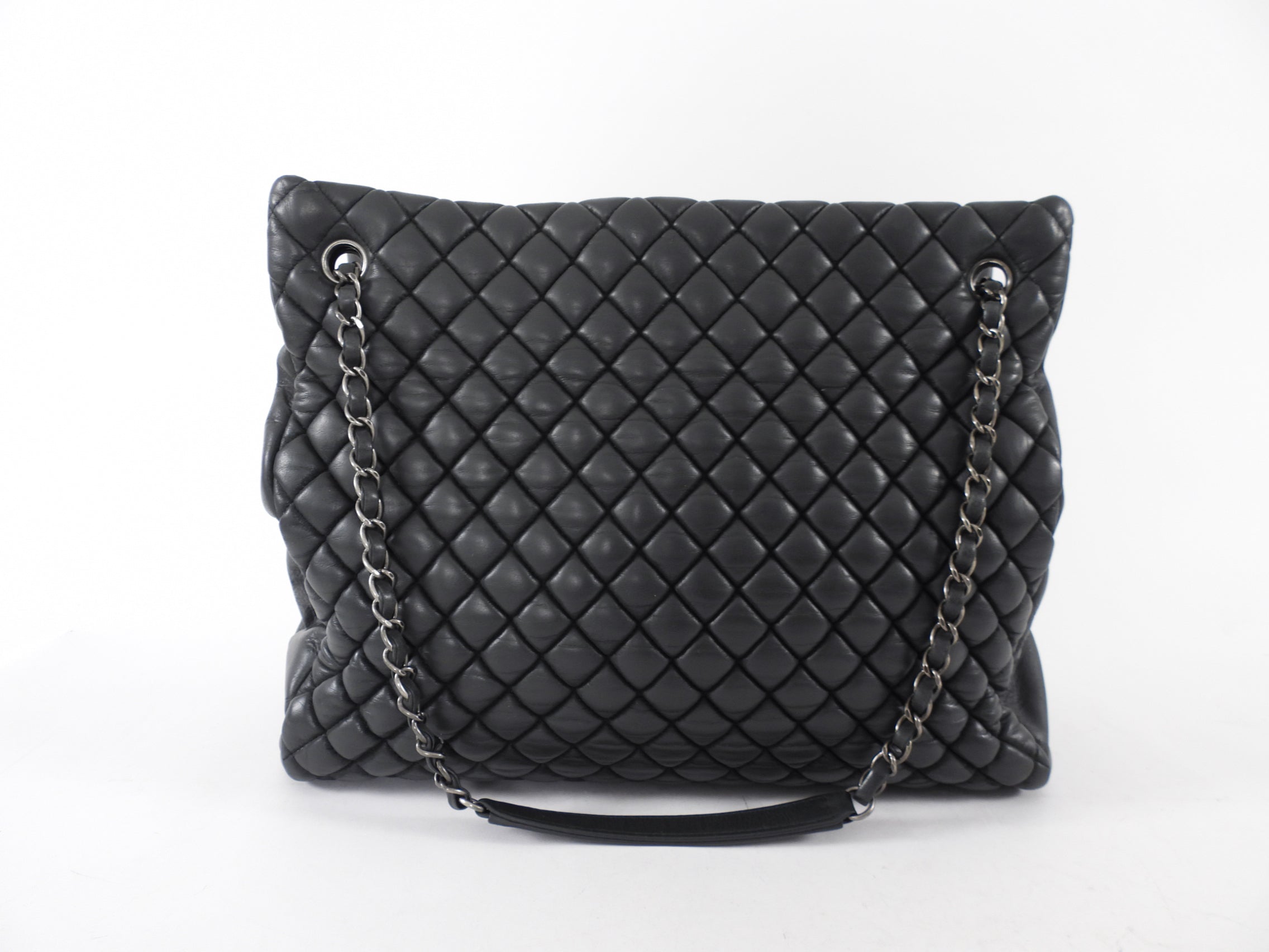 Chanel Black Leather New Bubble Quilt CC Charm Tote Bag