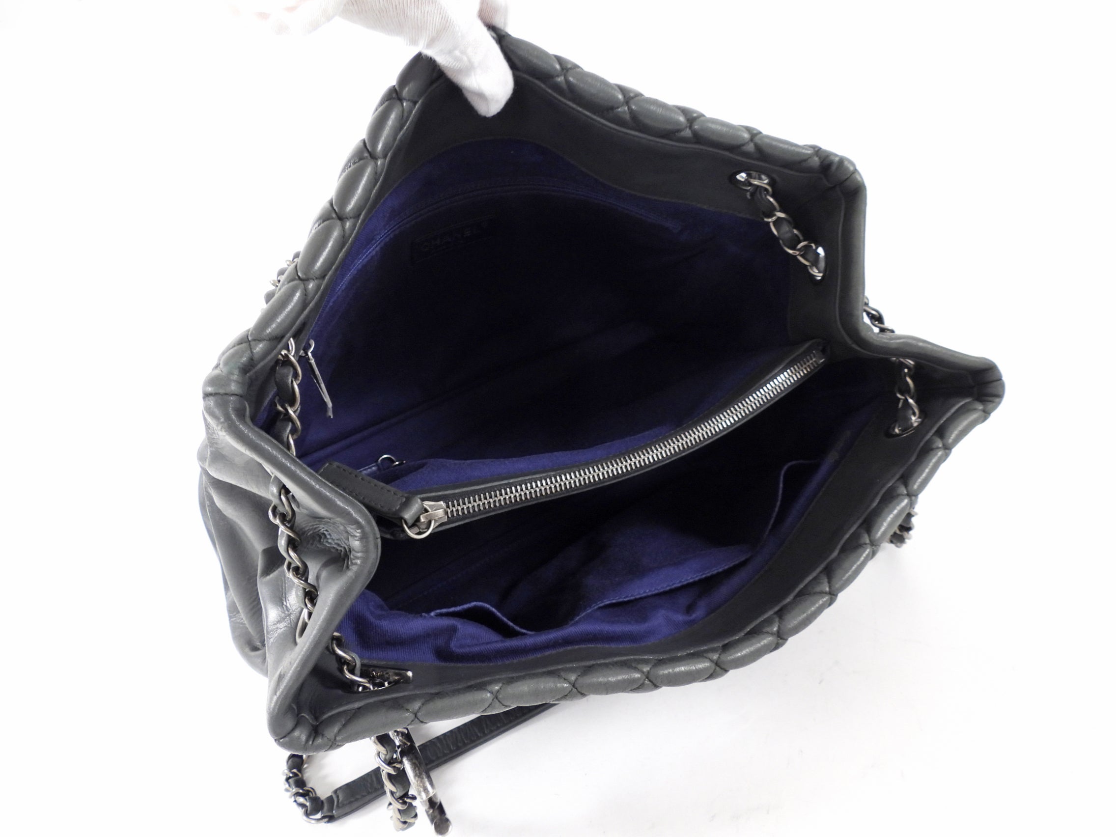Chanel Black Leather New Bubble Quilt CC Charm Tote Bag
