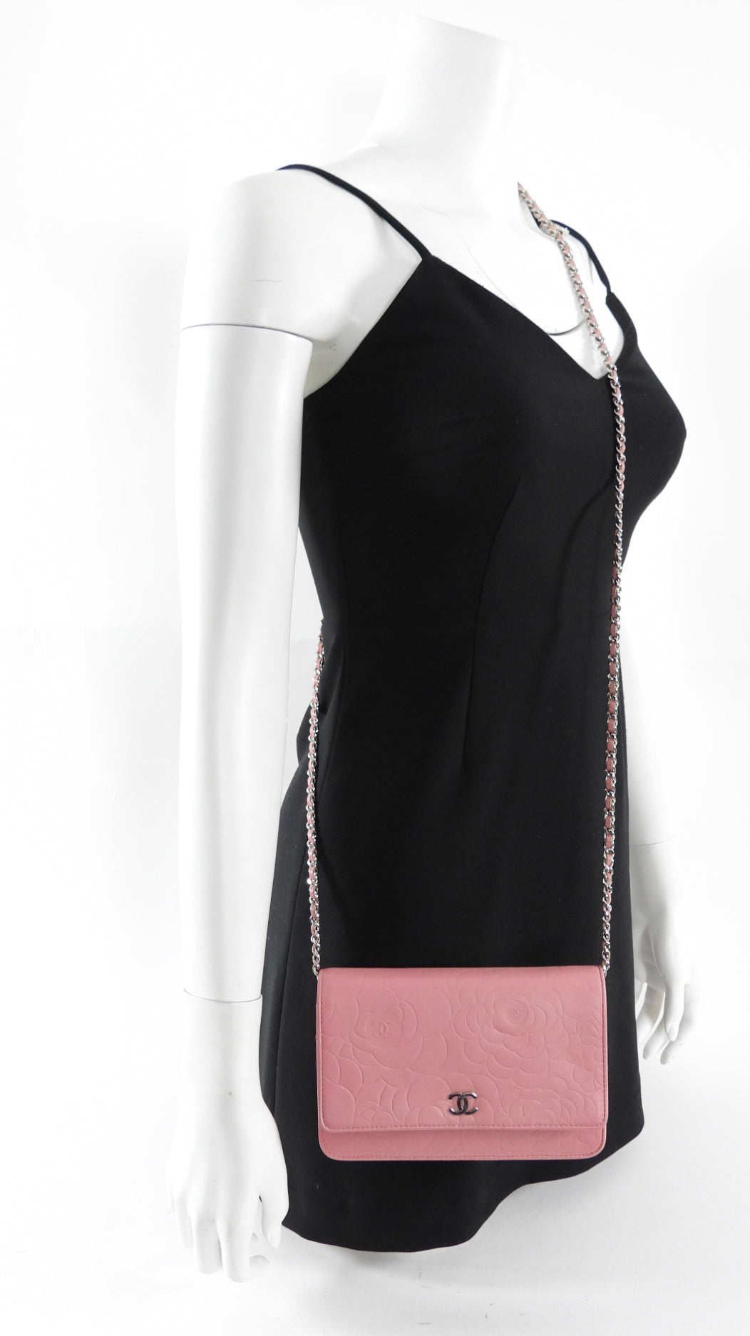 Chanel Light Pink Camelia Embossed Classic Wallet on Chain Bag