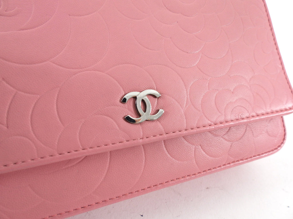 Chanel Light Pink Camelia Embossed Classic Wallet on Chain Bag