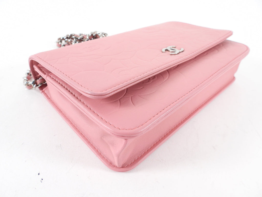 Chanel Light Pink Camelia Embossed Classic Wallet on Chain Bag