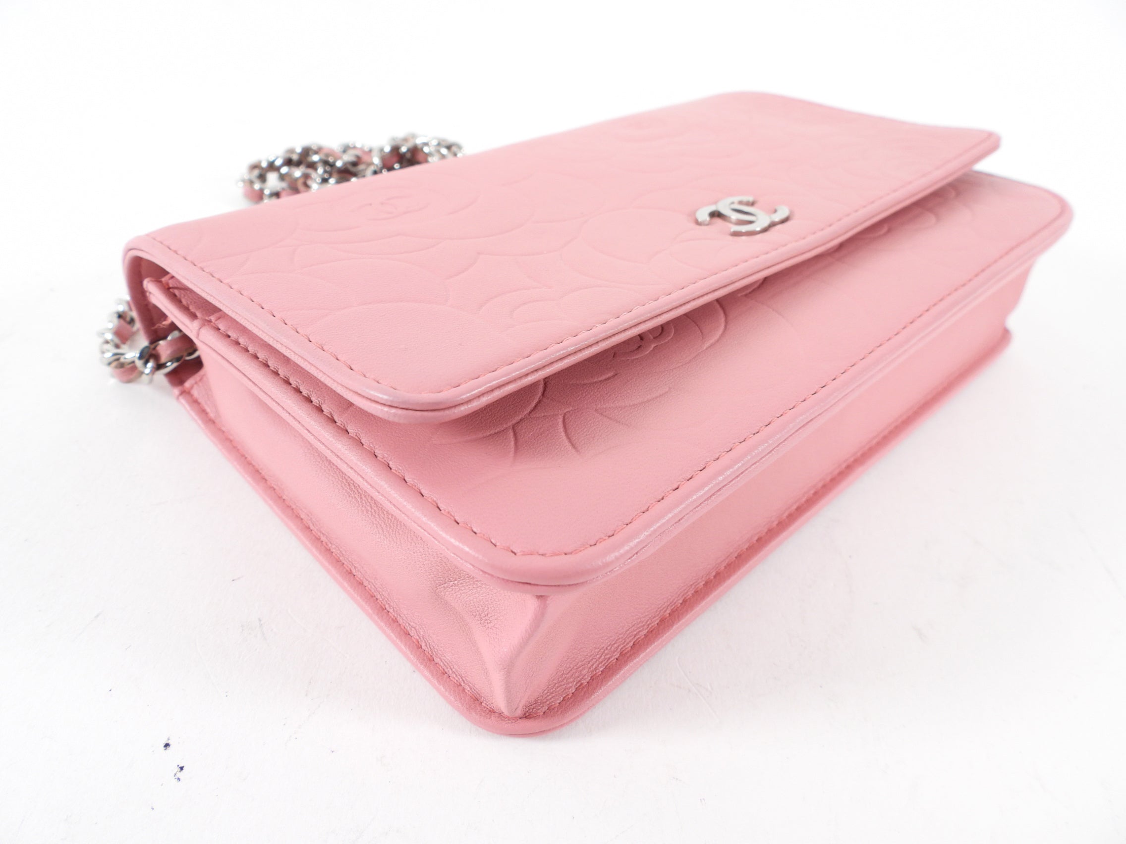 Chanel Light Pink Camelia Embossed Classic Wallet on Chain Bag