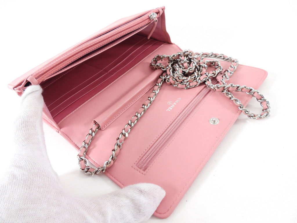 Chanel Light Pink Camelia Embossed Classic Wallet on Chain Bag