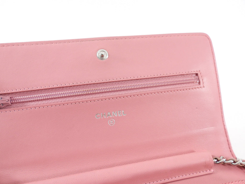 Chanel Light Pink Camelia Embossed Classic Wallet on Chain Bag